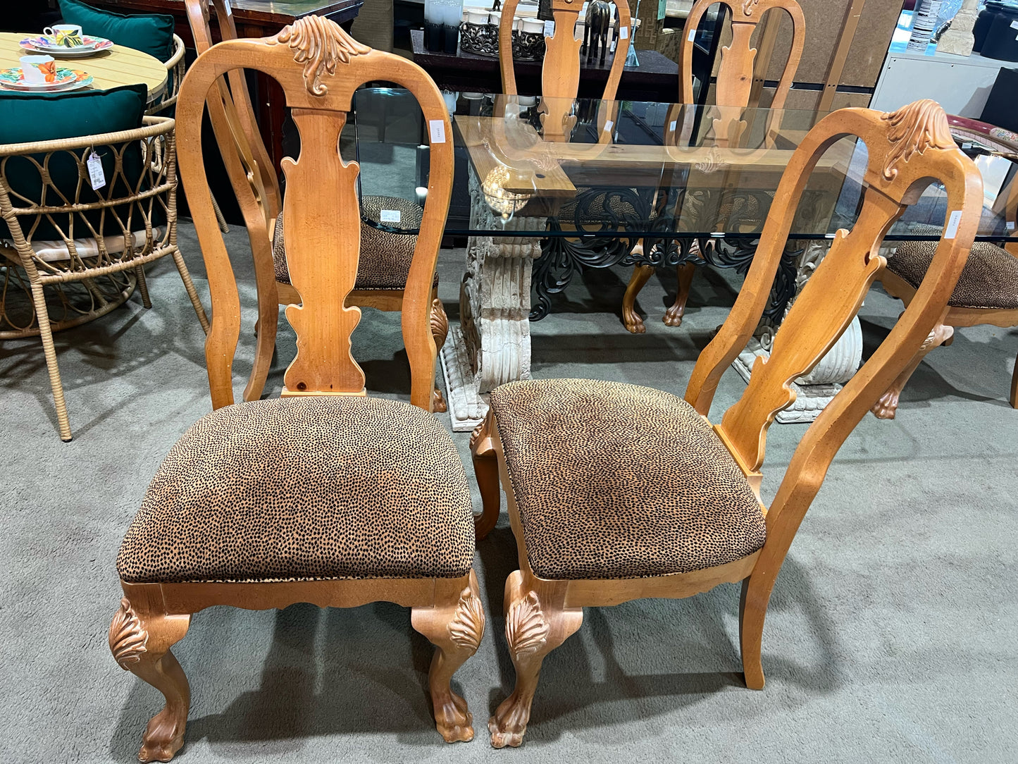Thomasville Stone Base Dining Table & 6 Cheetah Print Fabric Chairs