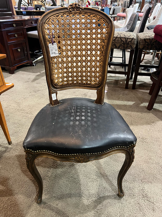 Louis XV Ornate Wood Frame & Black Leather Chair