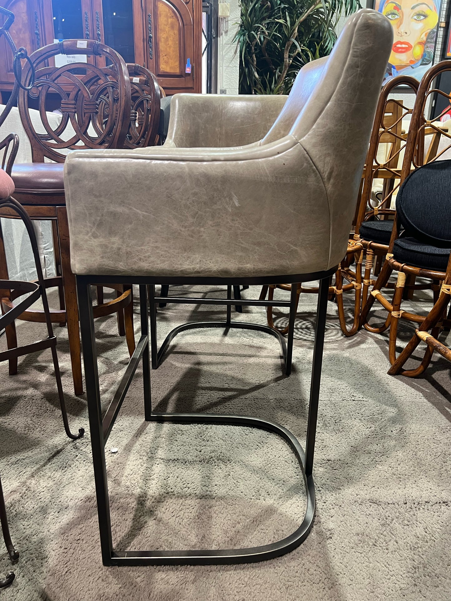 Restoration Hardware Brown Leather & Metal Frame "Emery" Bar Stool