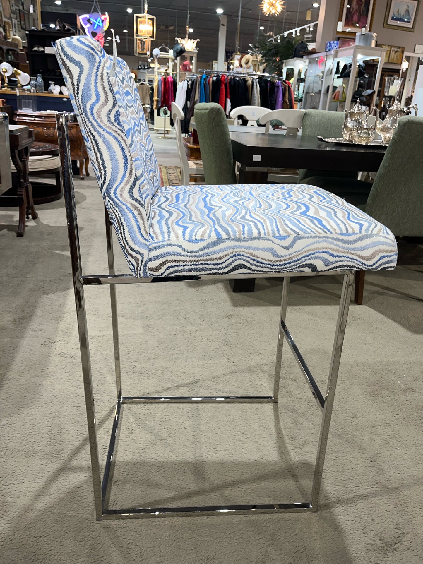 Milo Baughman Blue Wave Fabric & Chrome Frame Bar Stool