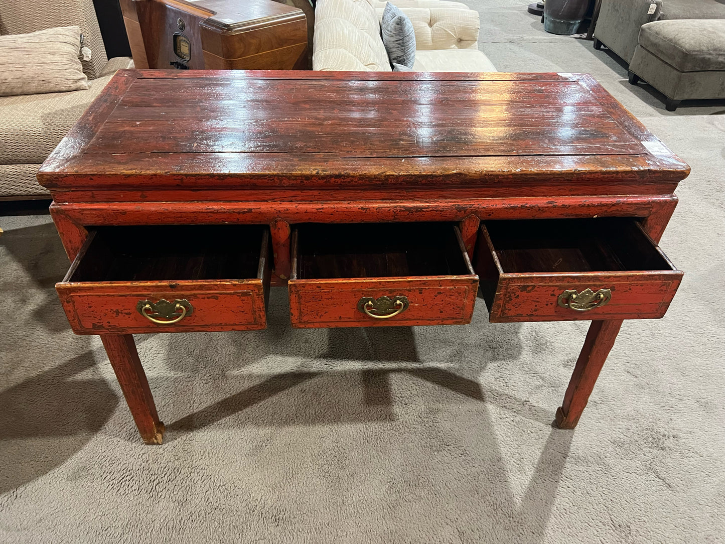 Rustic Red 3 Drawer Wood Console Table