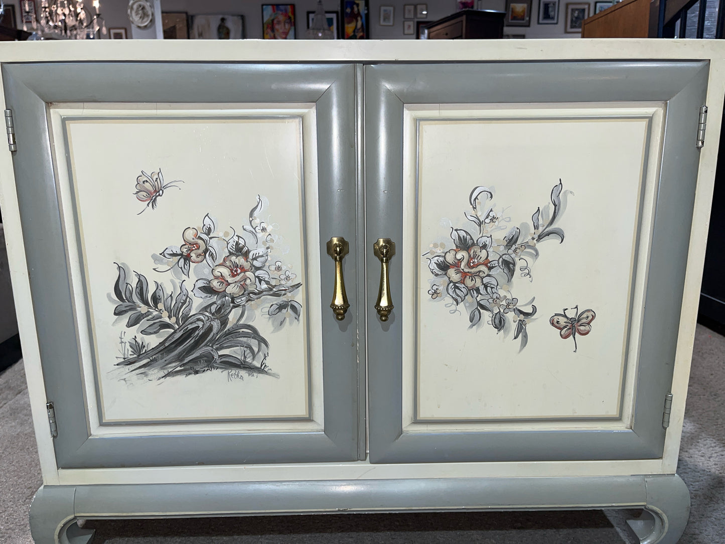 White Two Door Floral Painted Wood Nightstand