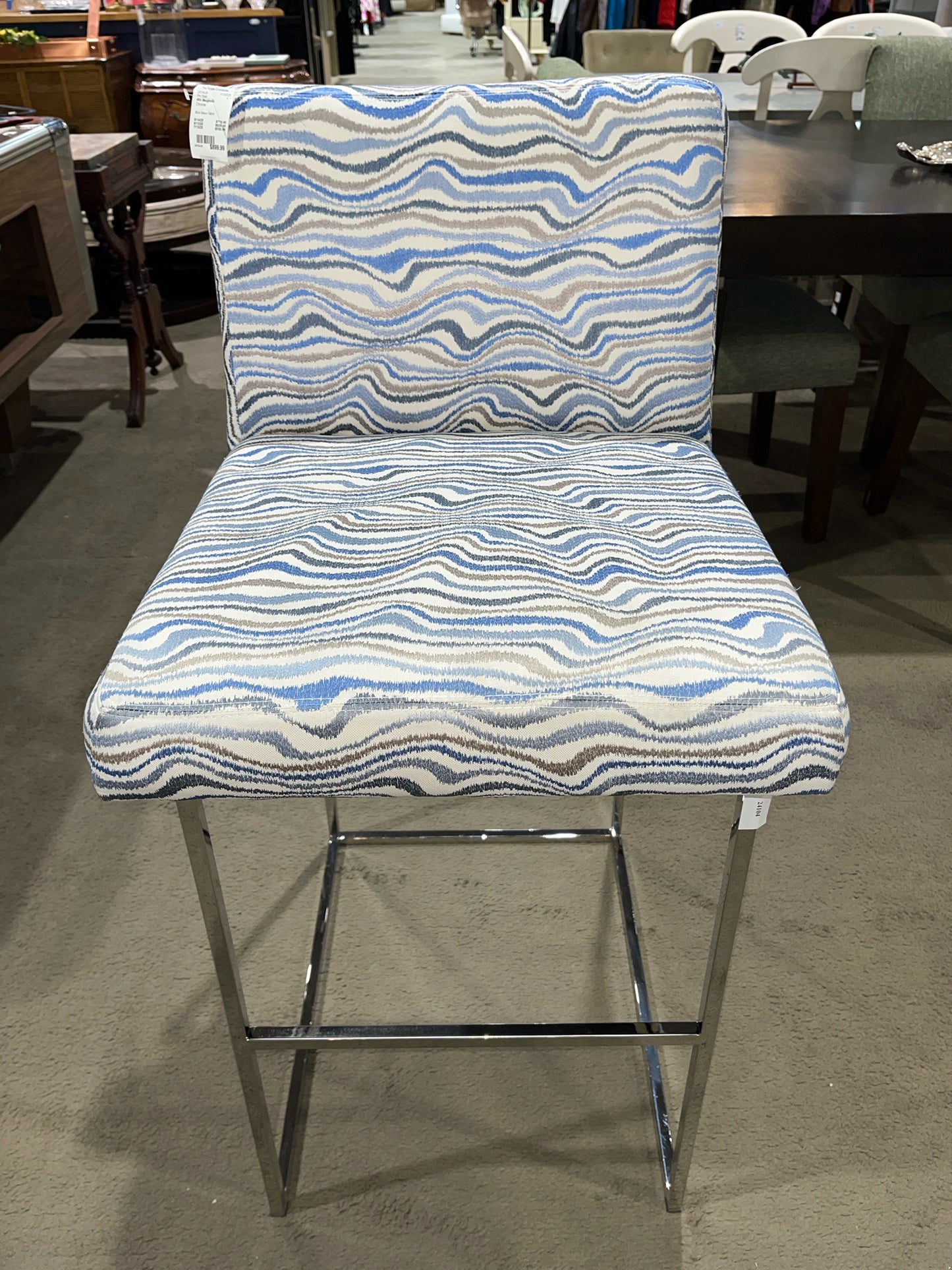 Milo Baughman Blue Wave Fabric & Chrome Frame Bar Stool