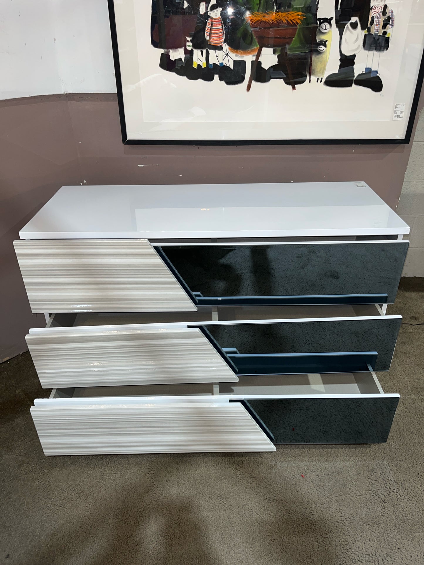 3 Drawer Lacquered Wood & Smoke Mirror Dresser