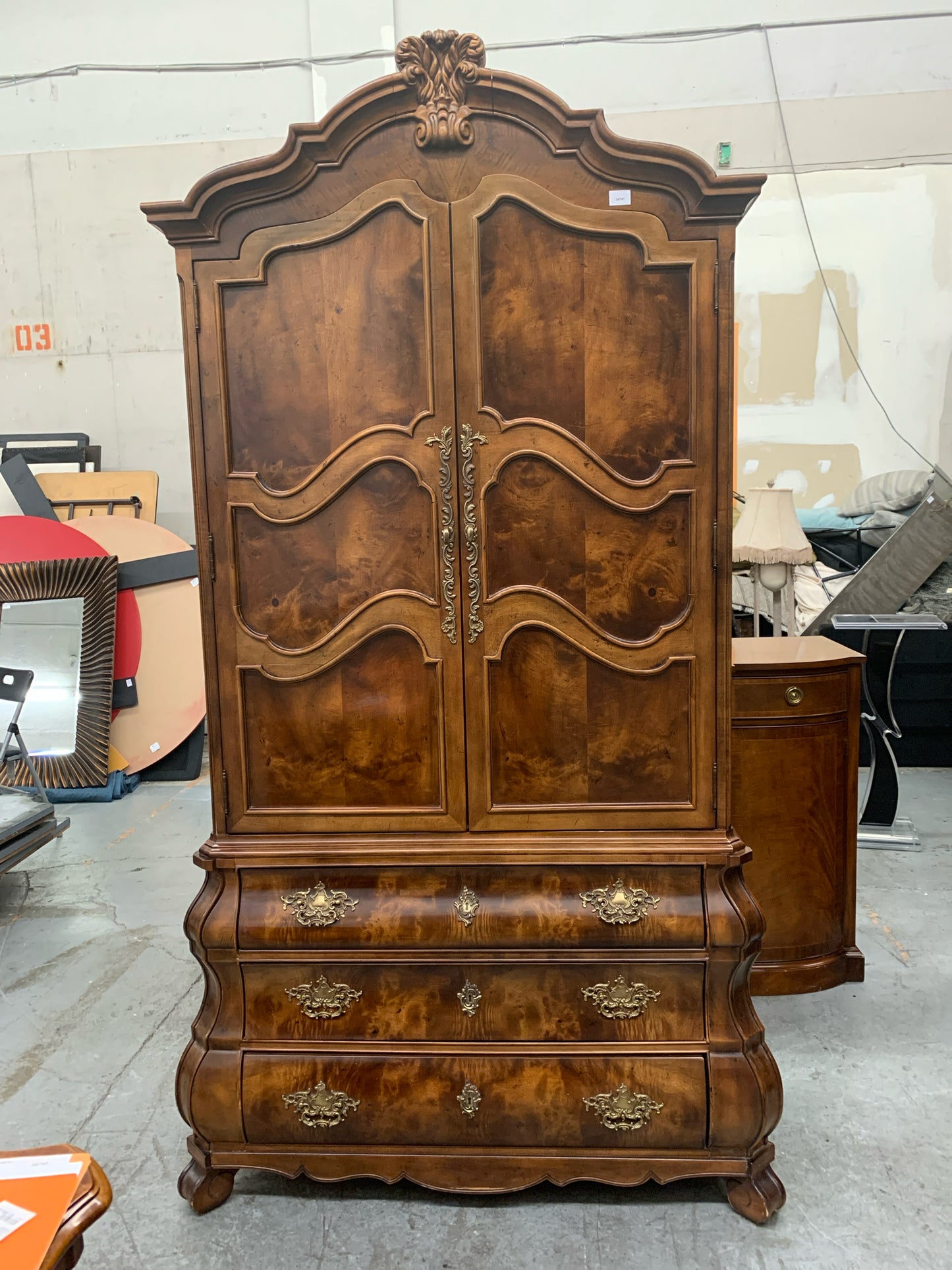 1980's Henredon 3 Drawer 2 Door Wood Louis XV French Provincial Armoire