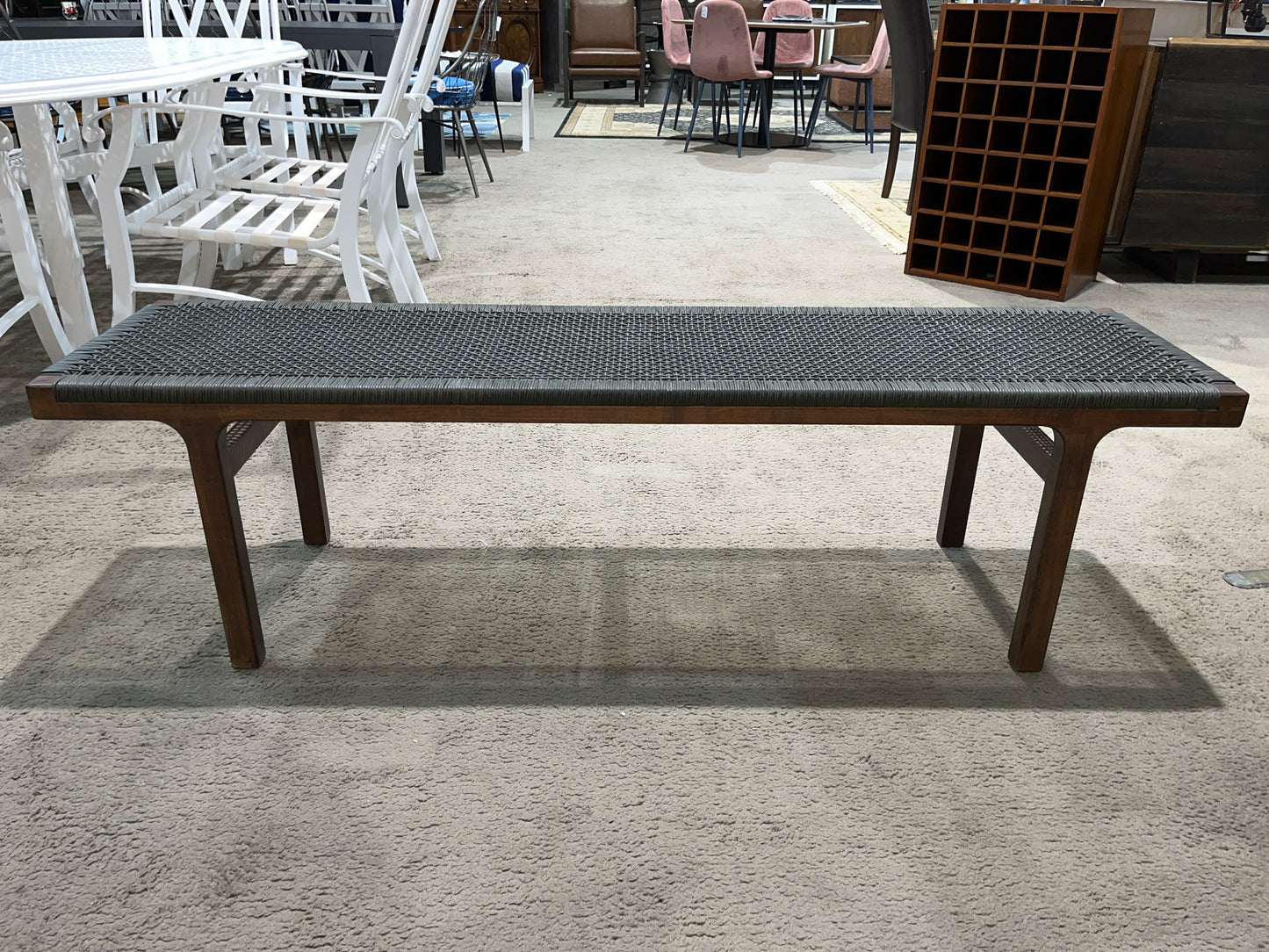 CB2 Woven Cord Seat Bench with Dark Wood Frame