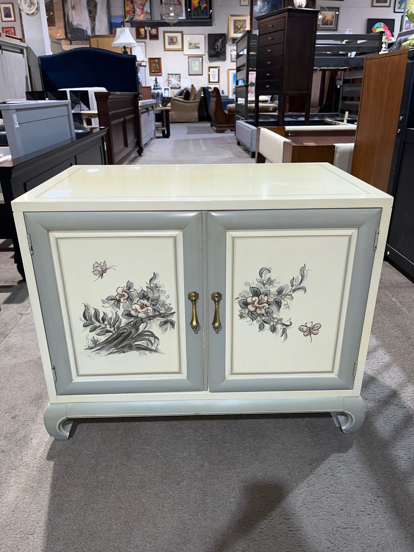 White Two Door Floral Painted Wood Nightstand