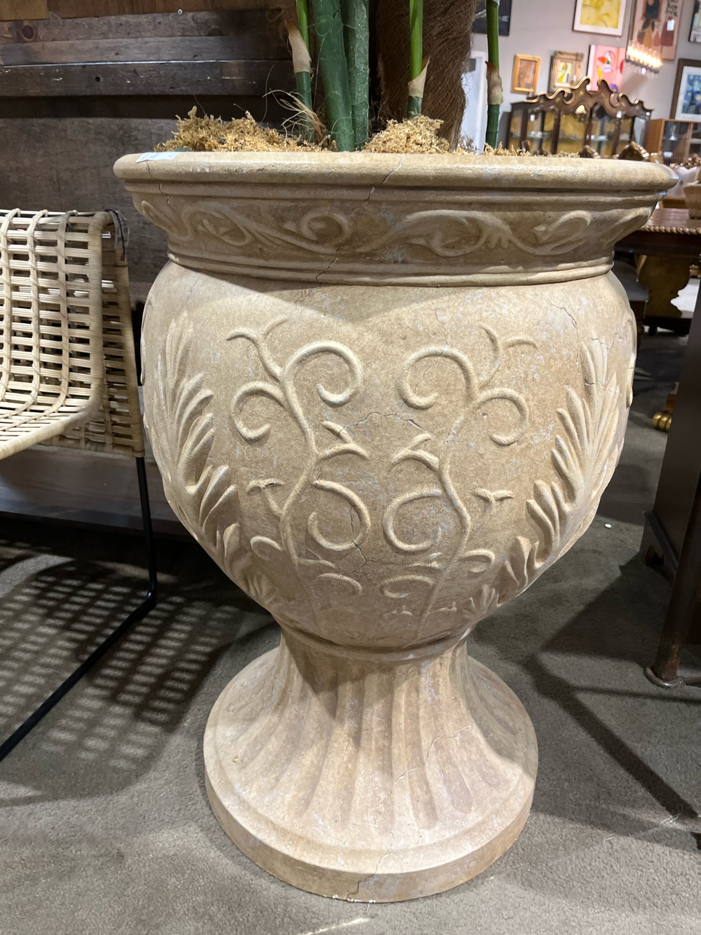 Large Concrete Urn With Faux Plant