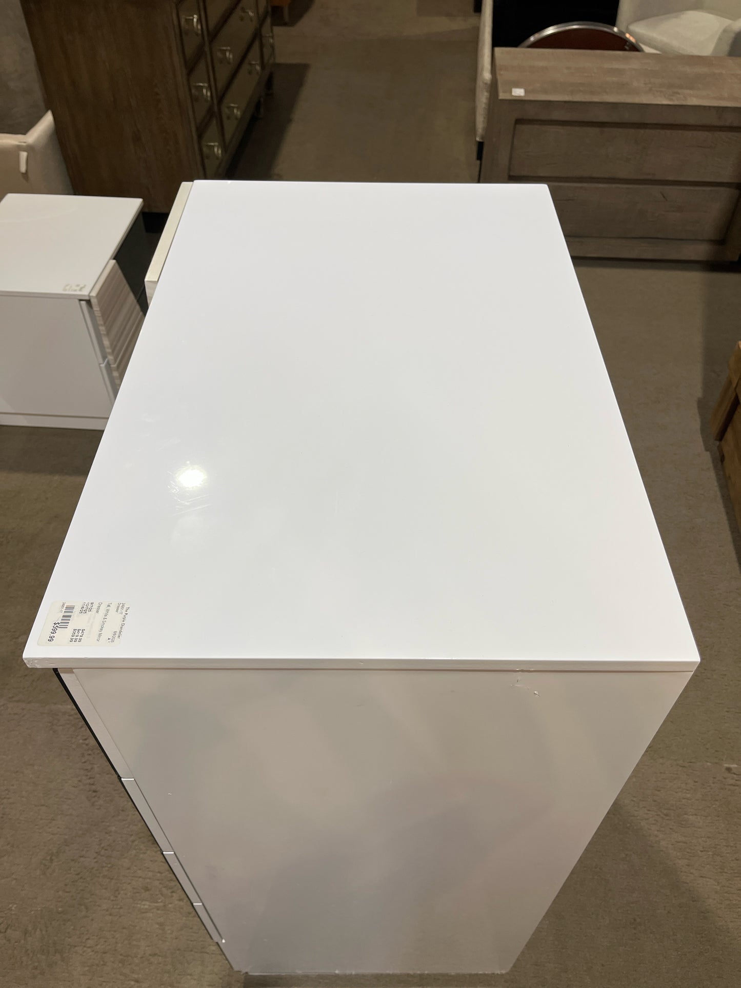 White Lacquered Wood & Smoke Mirror 6 Drawer Highboy Dresser