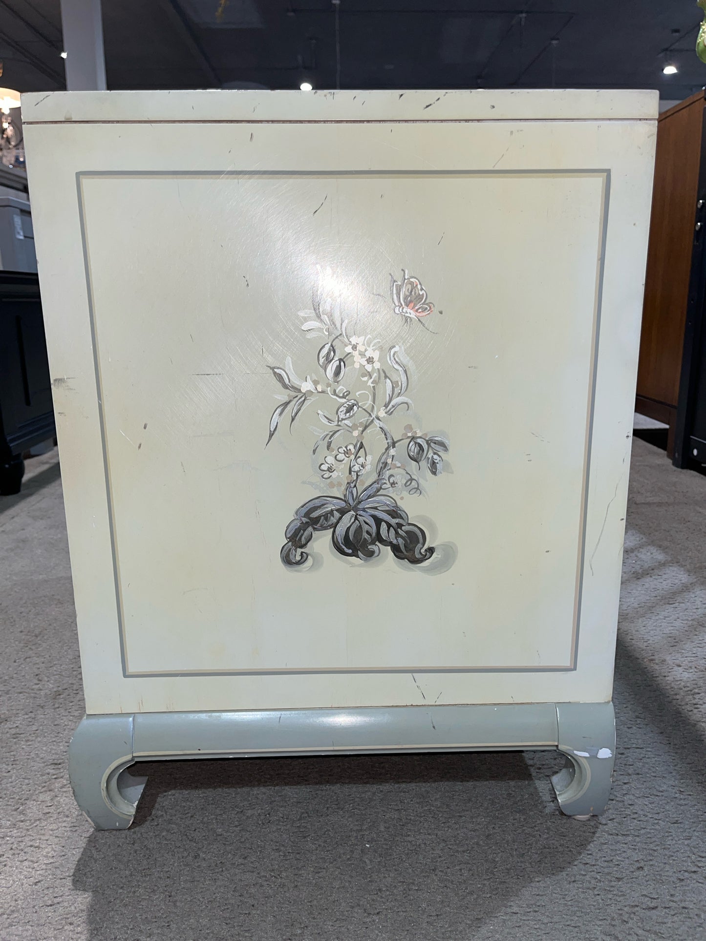 White Two Door Floral Painted Wood Nightstand