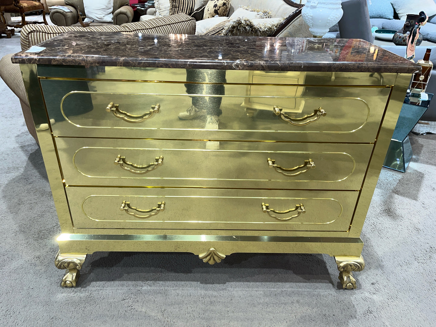 Gold 3 Drawer Hollywood Regency Nightstand with Marble Top