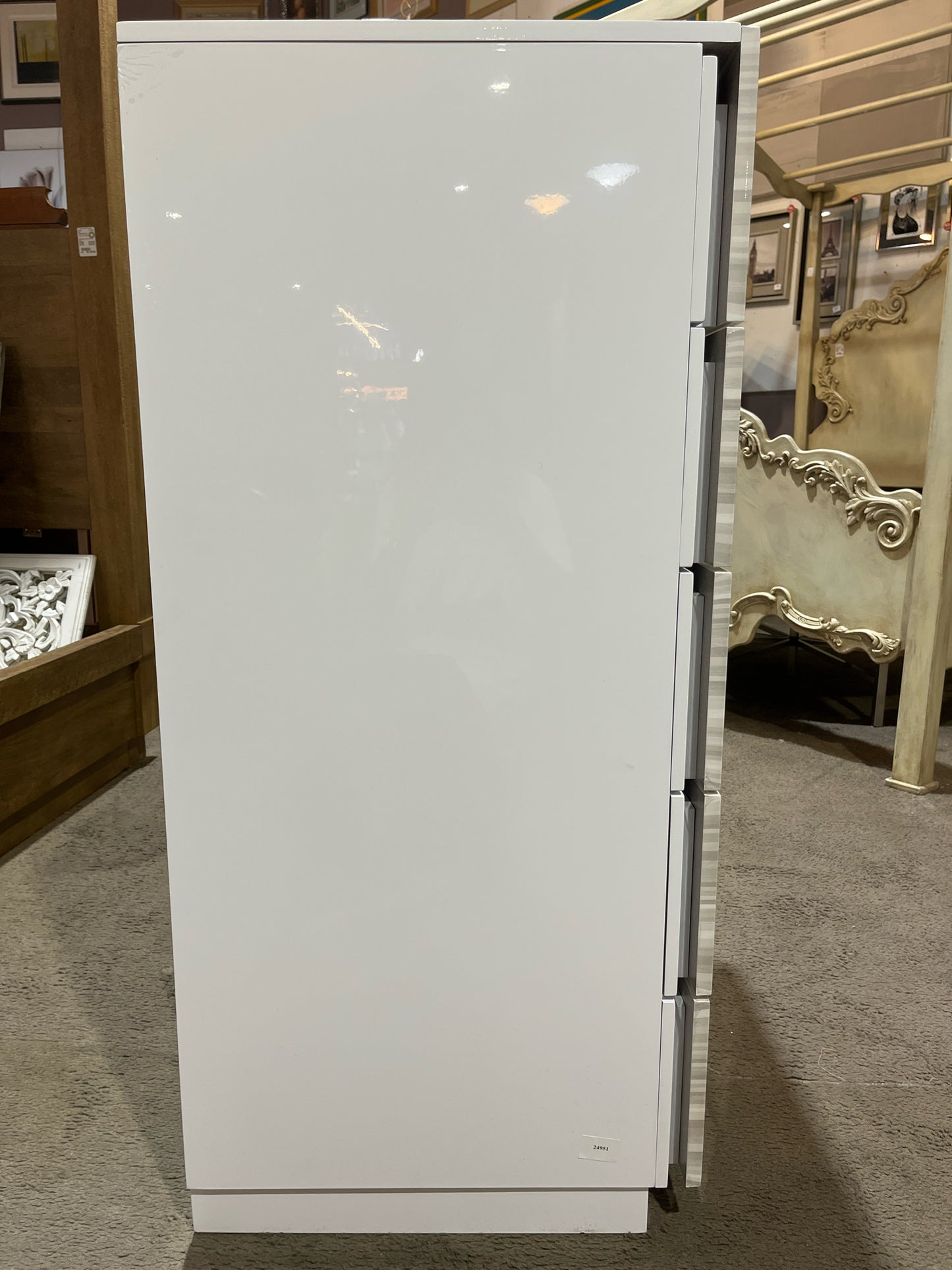 White Lacquered Wood & Smoke Mirror 6 Drawer Highboy Dresser