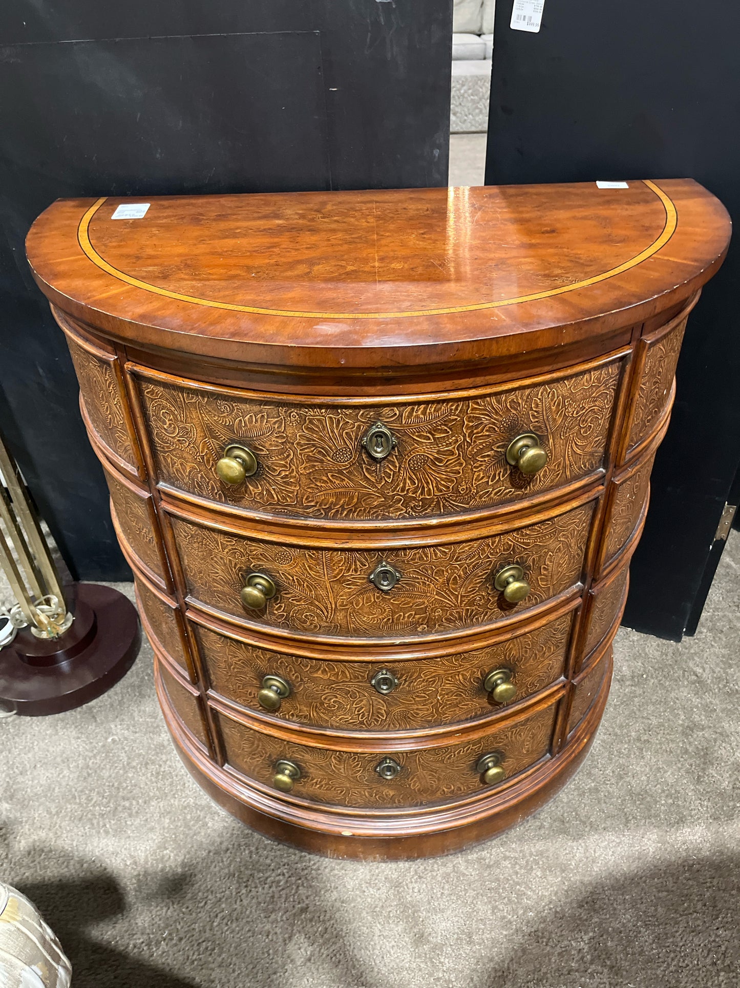 Darkwood Half Round Cabinet With Inlaid Top & Floral Accents