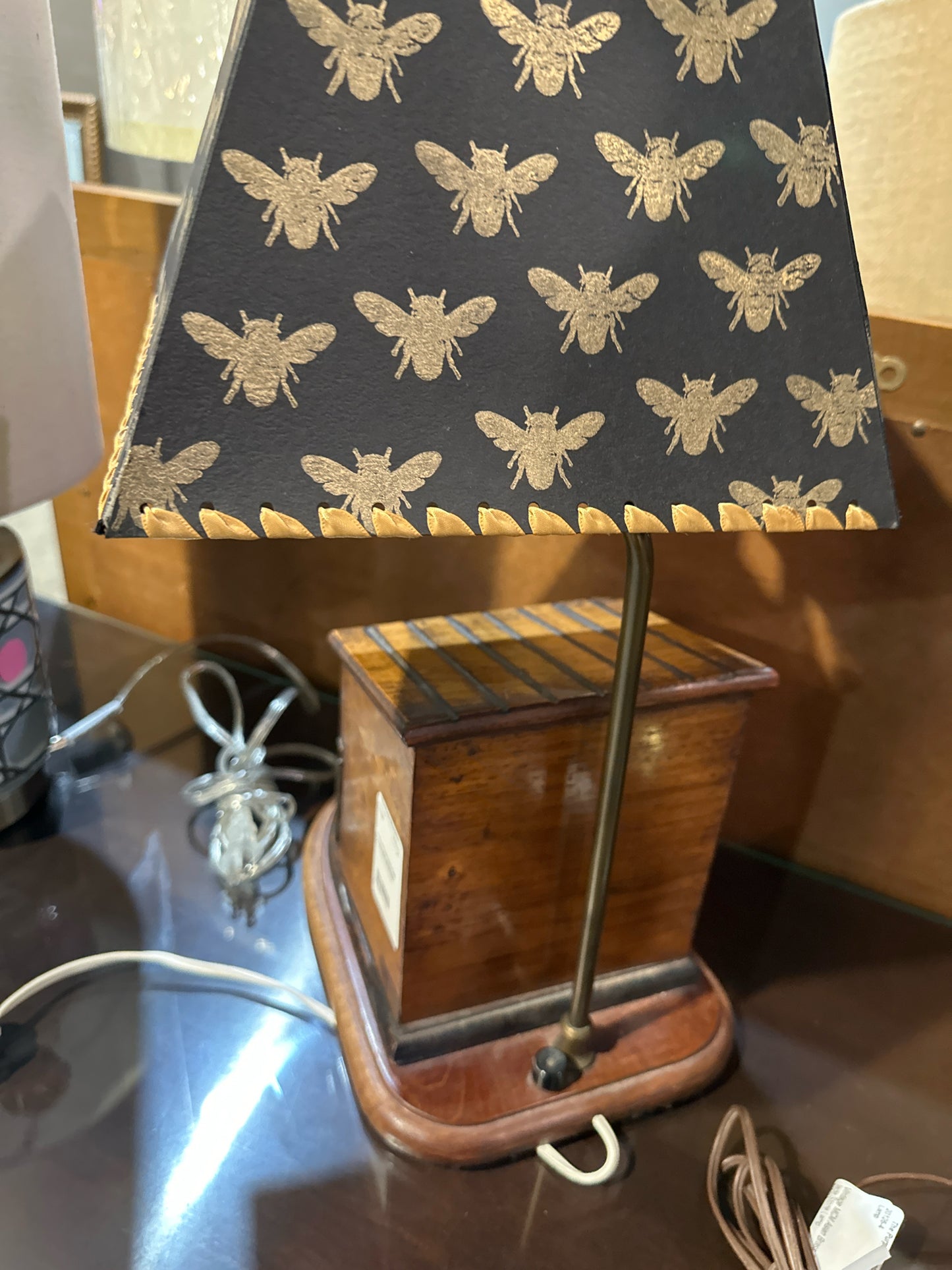 Figural Rosewood Cigarbox Lamp with Bee Shade