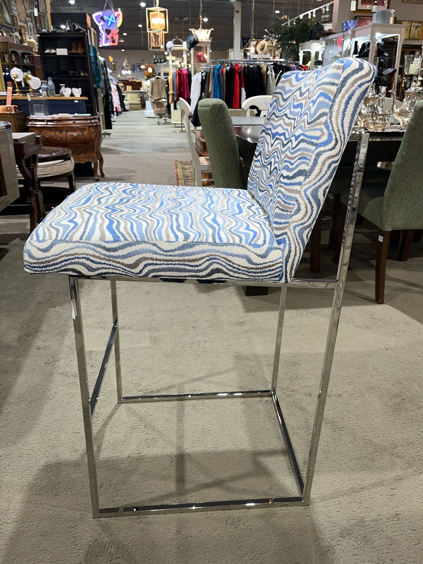 Milo Baughman Blue Wave Fabric & Chrome Frame Bar Stool