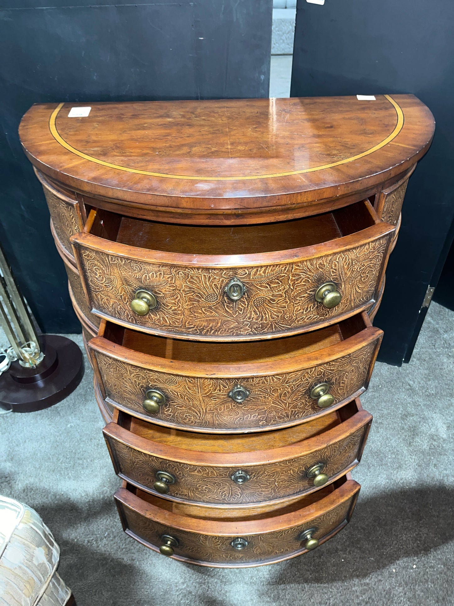Darkwood Half Round Cabinet With Inlaid Top & Floral Accents