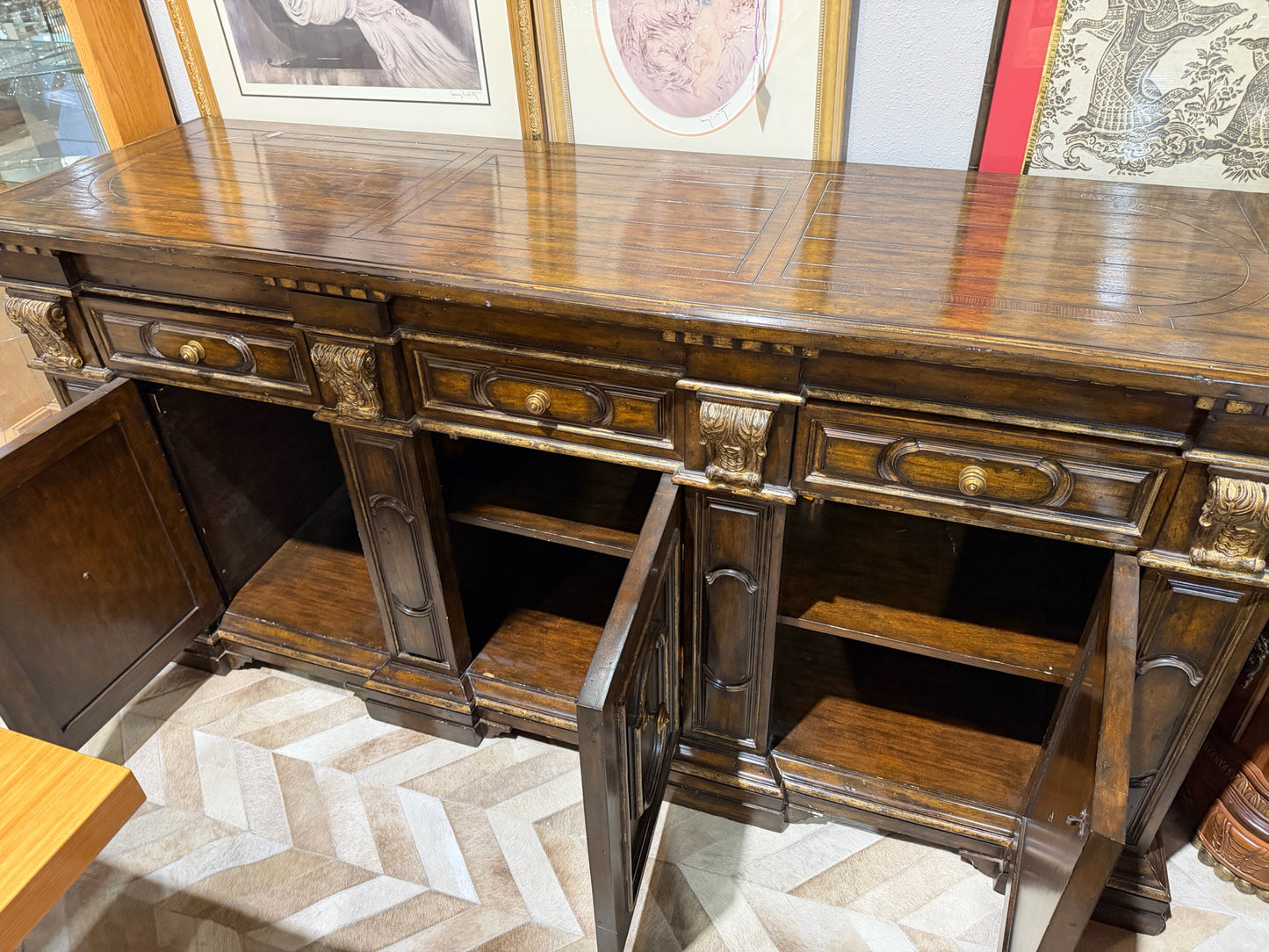 Marge Carson 3 Drawer 3 Door Carved Wood Credenza