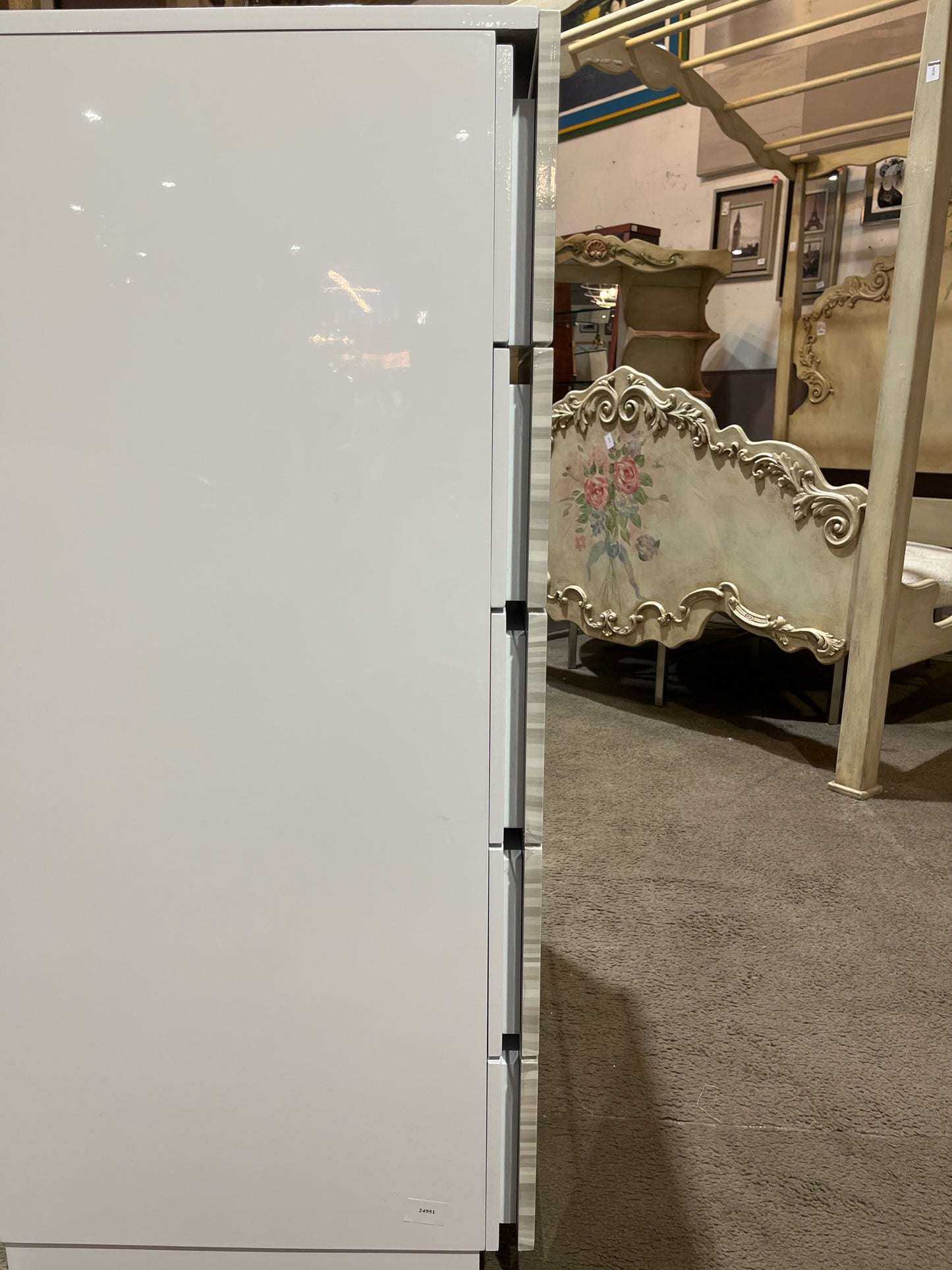 White Lacquered Wood & Smoke Mirror 6 Drawer Highboy Dresser