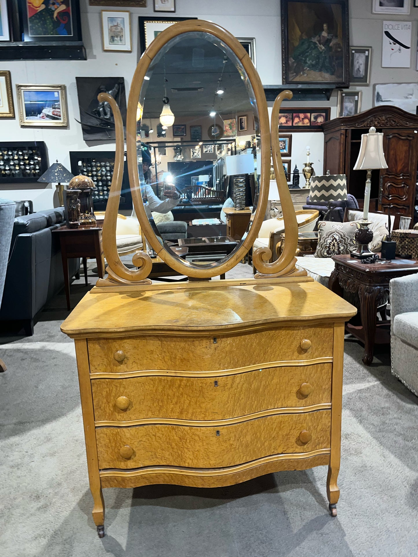 Antique Birdseye Maple Dresser & Mirror Set