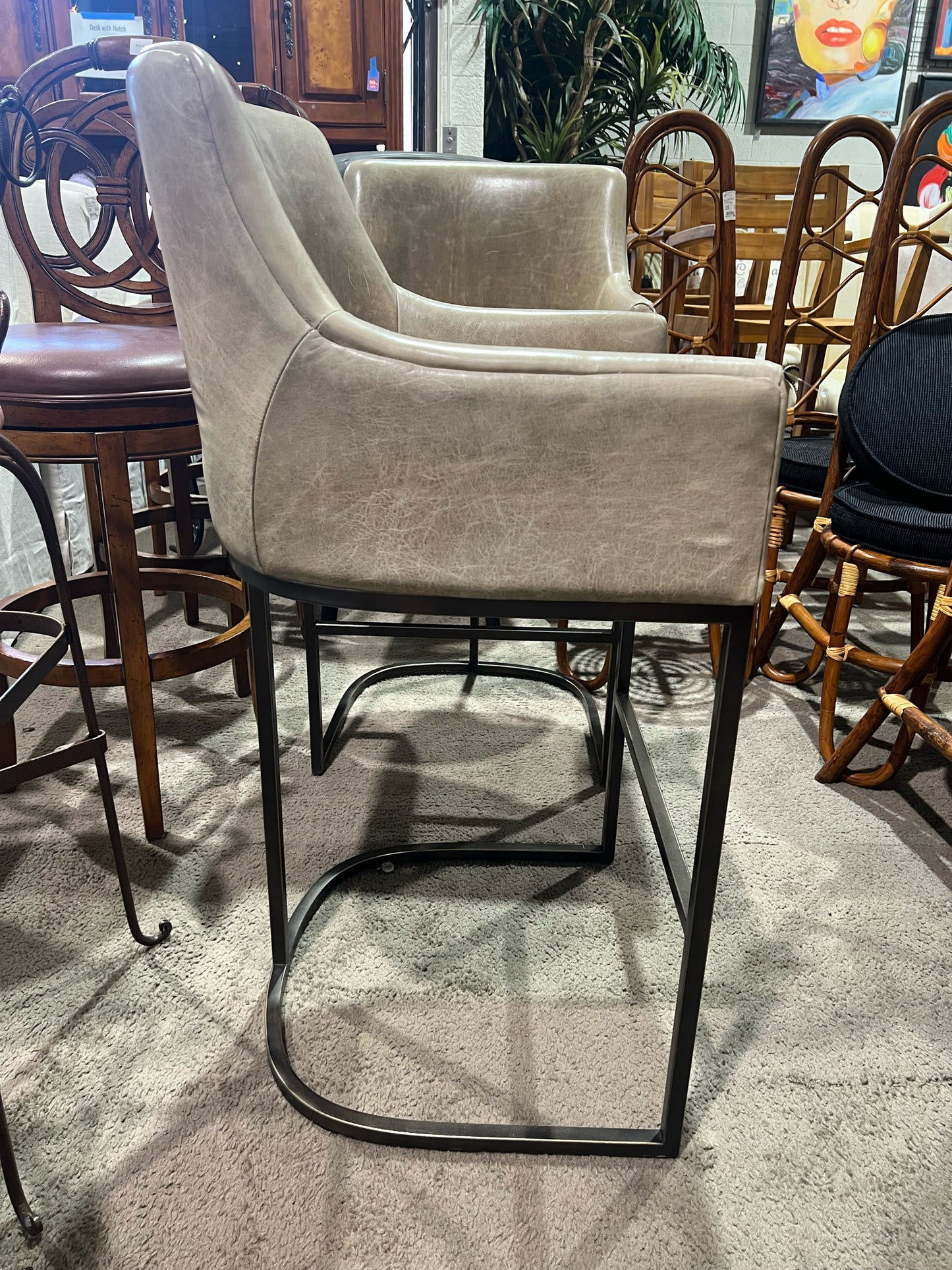 Restoration Hardware Brown Leather & Metal Frame "Emery" Bar Stool