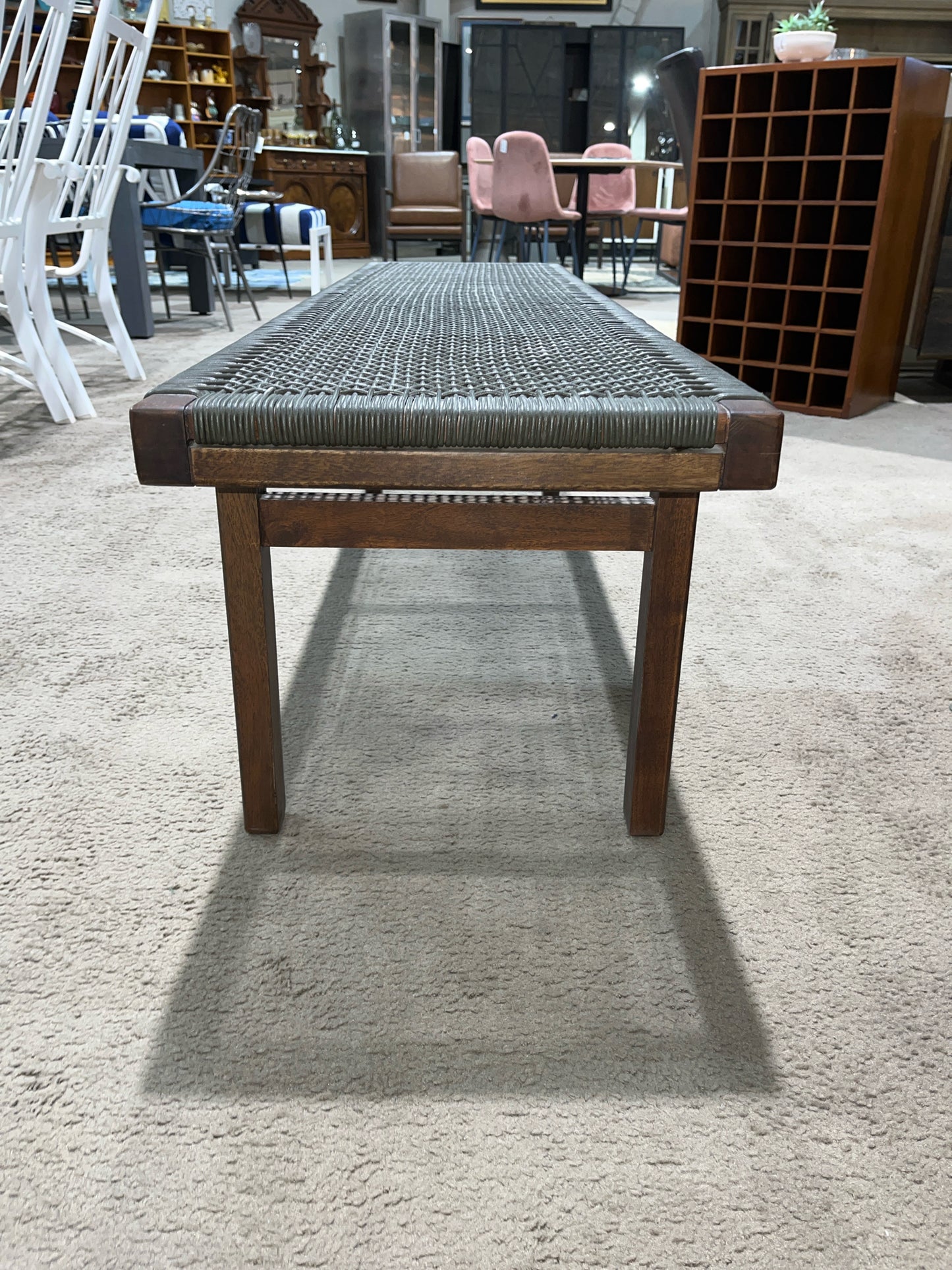 CB2 Woven Cord Seat Bench with Dark Wood Frame
