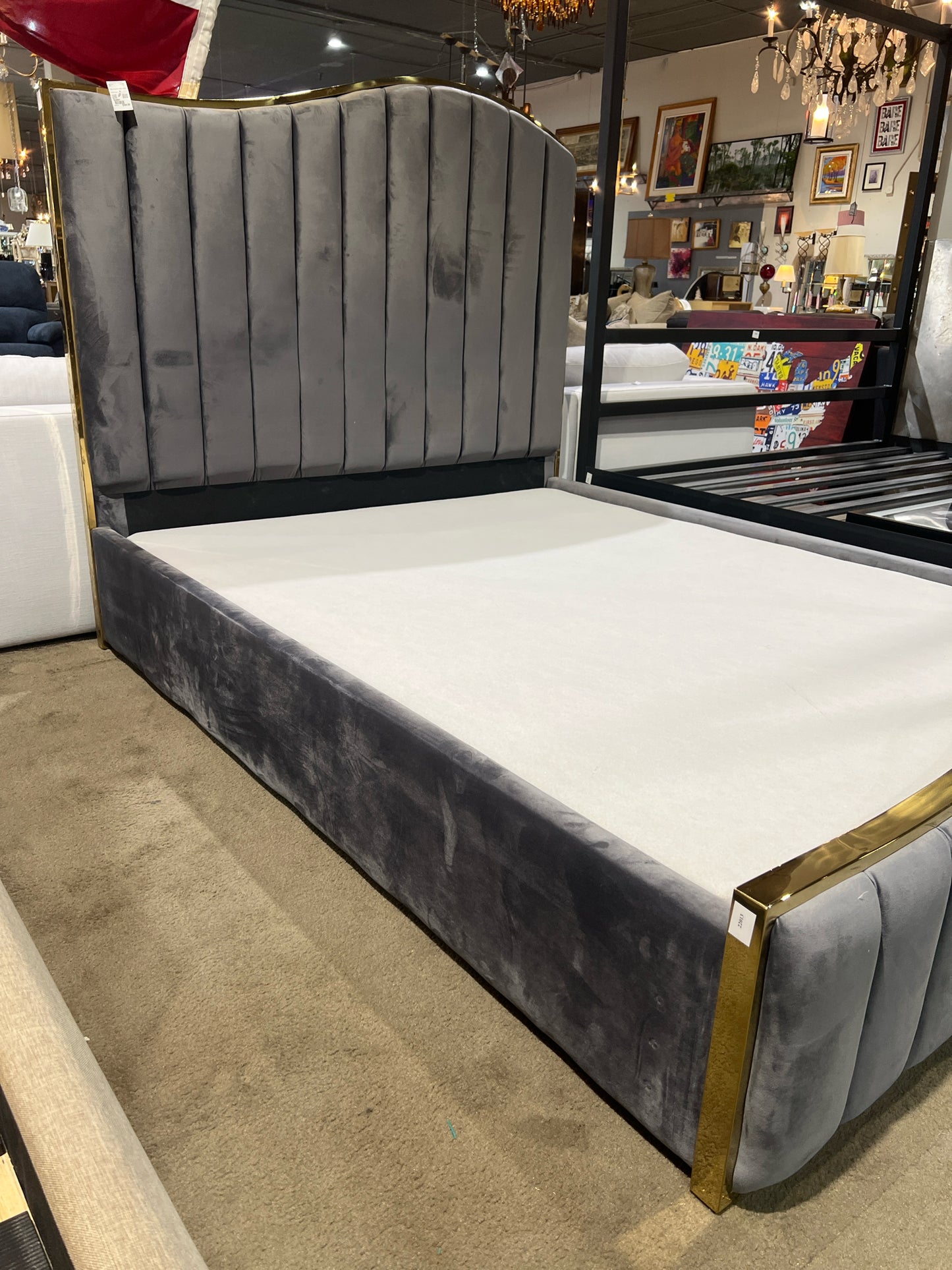 Queen Size Grey Velvet Channel Tufted Bed