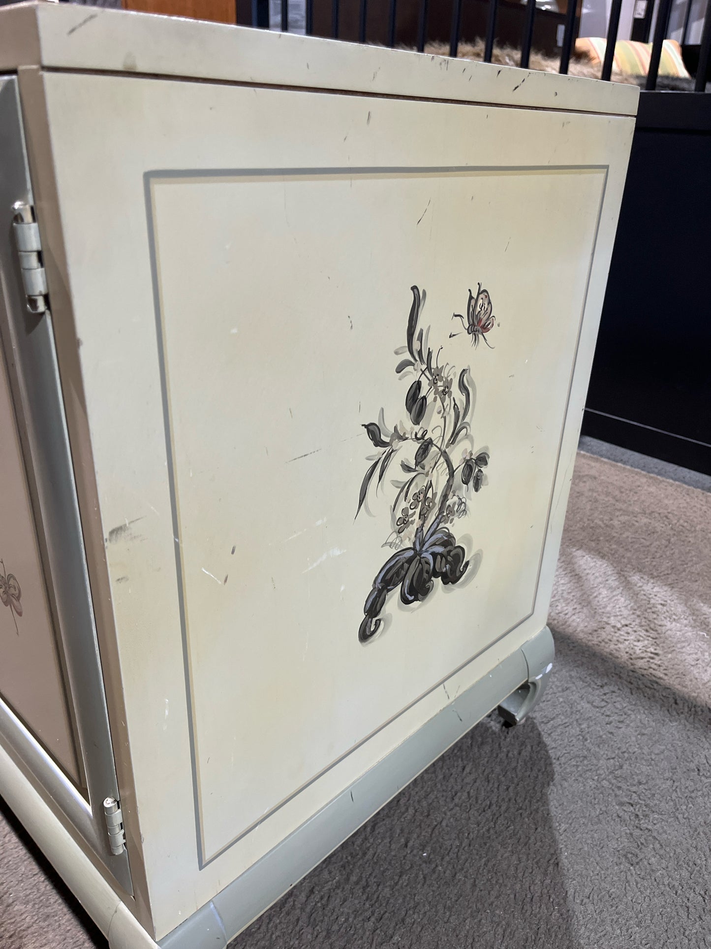 White Two Door Floral Painted Wood Nightstand