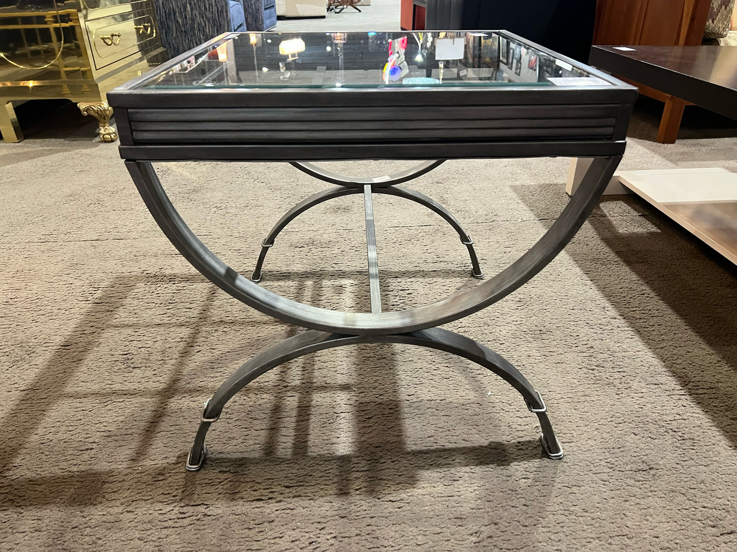 Steve Silver Glass Top & Silver Metal Frame "Emerson" Side Table