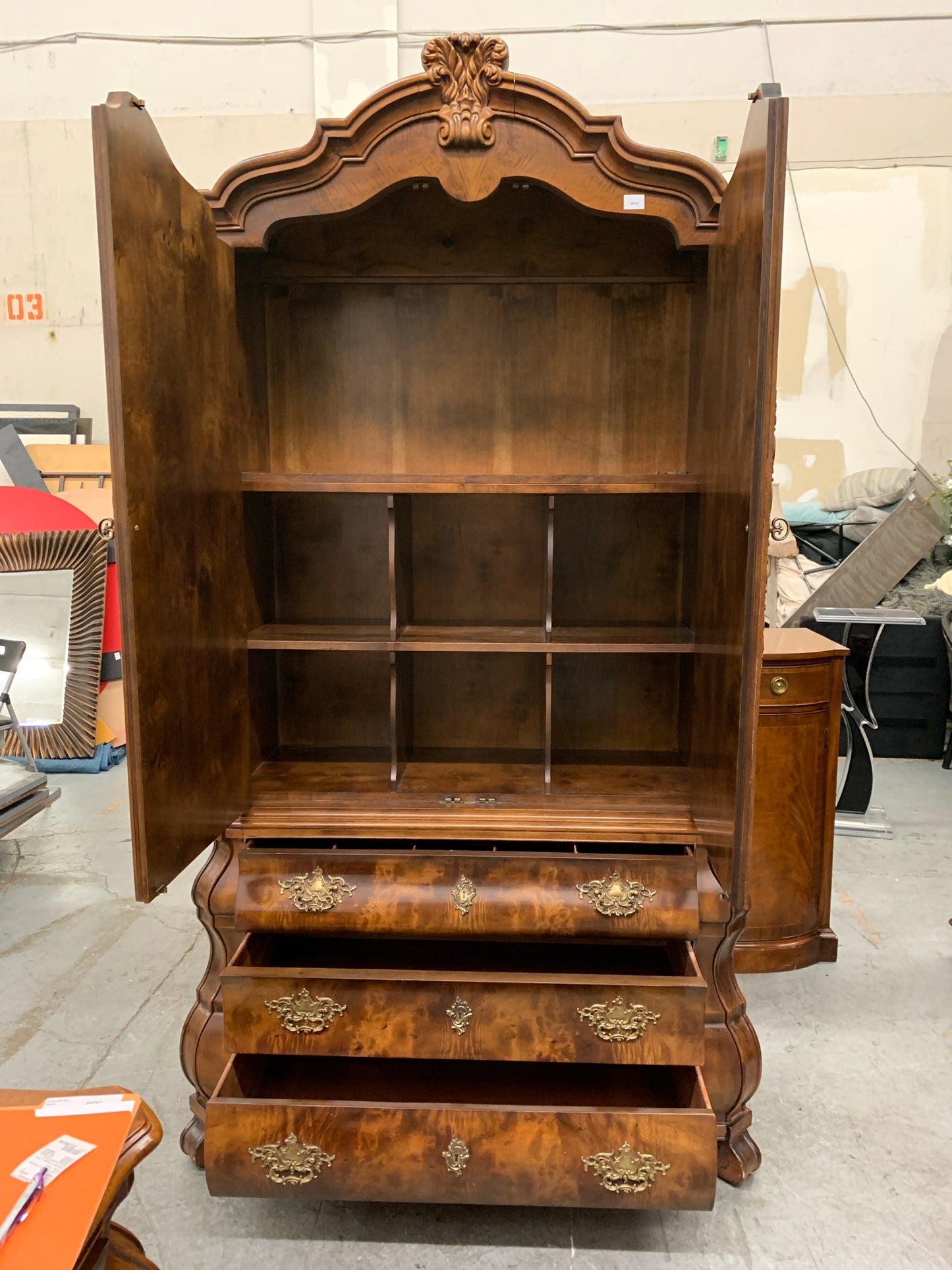 1980's Henredon 3 Drawer 2 Door Wood Louis XV French Provincial Armoire