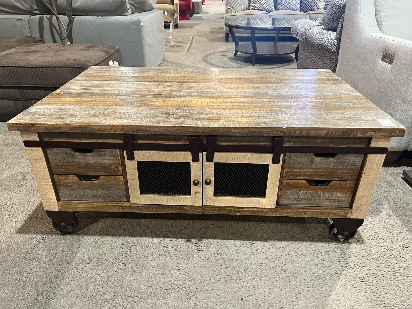 World Market Doublesided 4 Drawer Farmhouse Style Coffee Table on Wheels