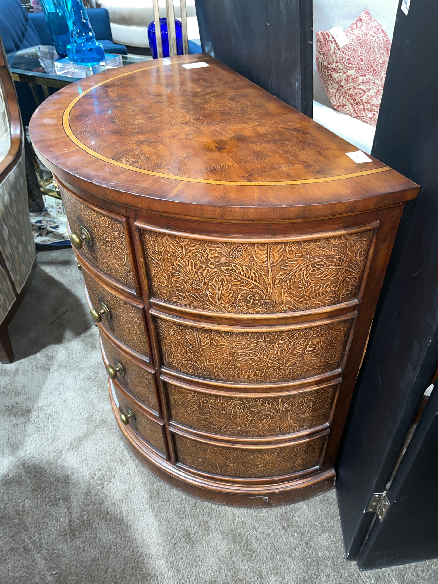 Darkwood Half Round Cabinet With Inlaid Top & Floral Accents
