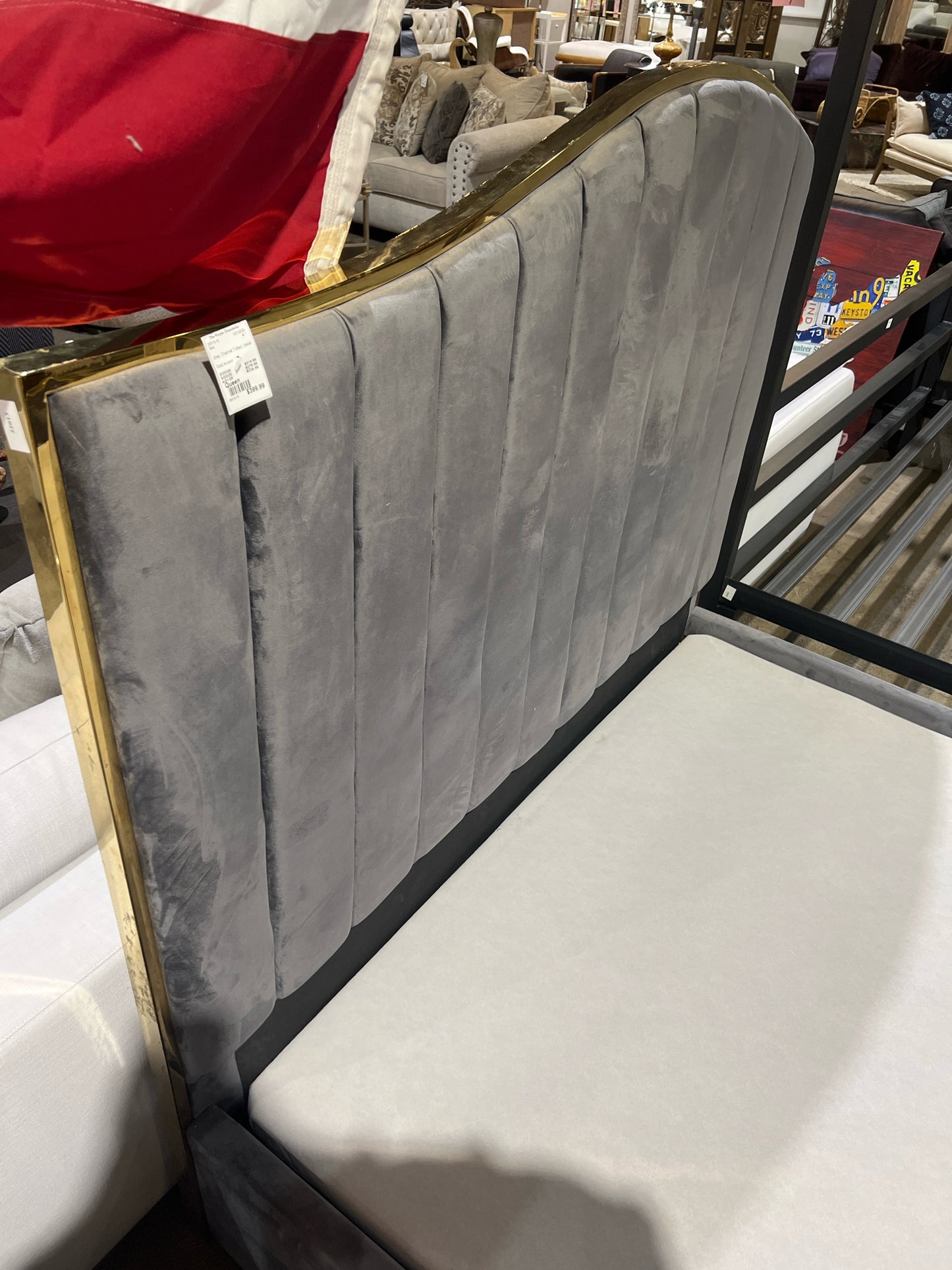 Queen Size Grey Velvet Channel Tufted Bed