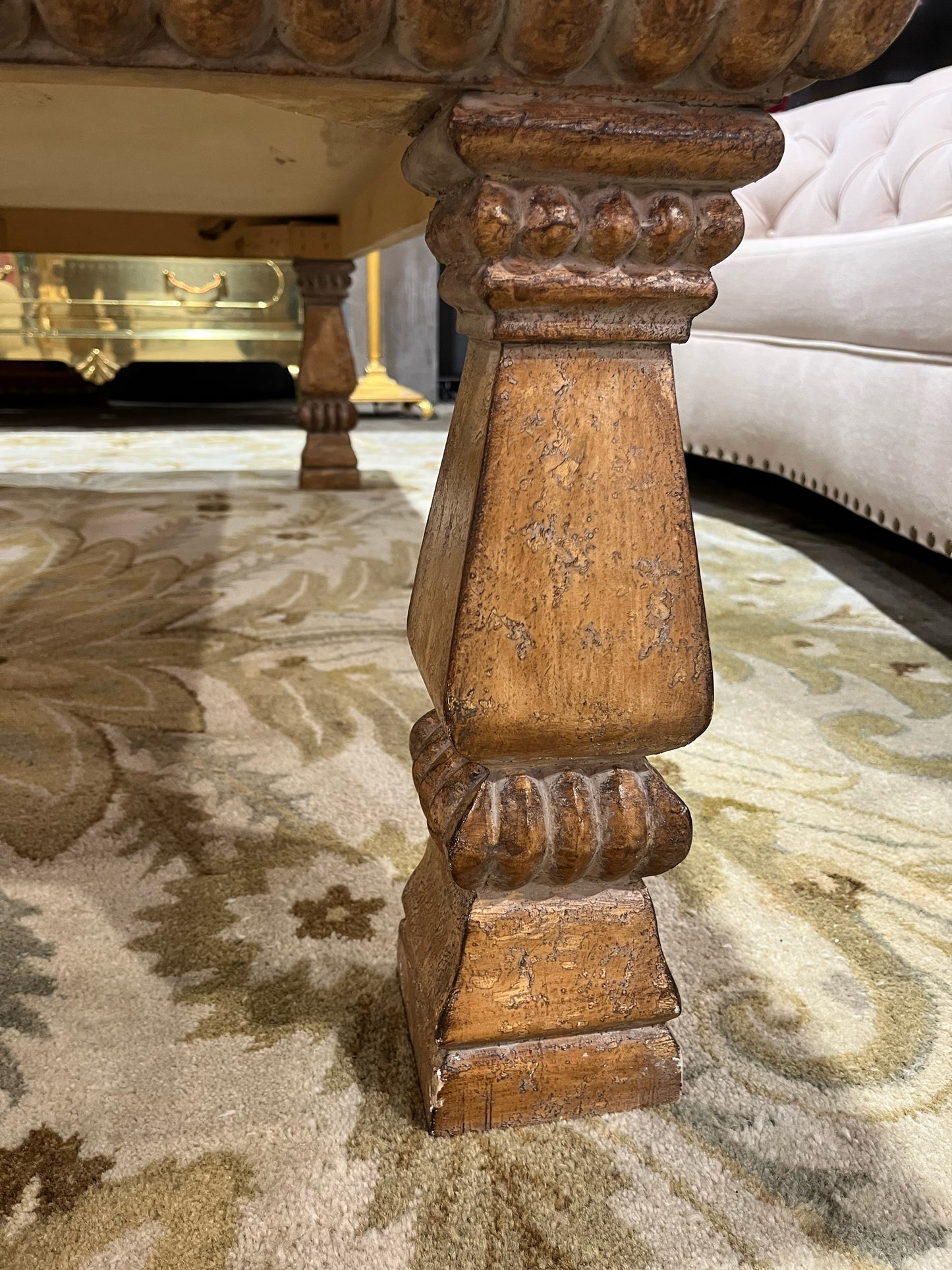 Kreiss Tan Travertine Top & Carved Wood Frame Coffee Table
