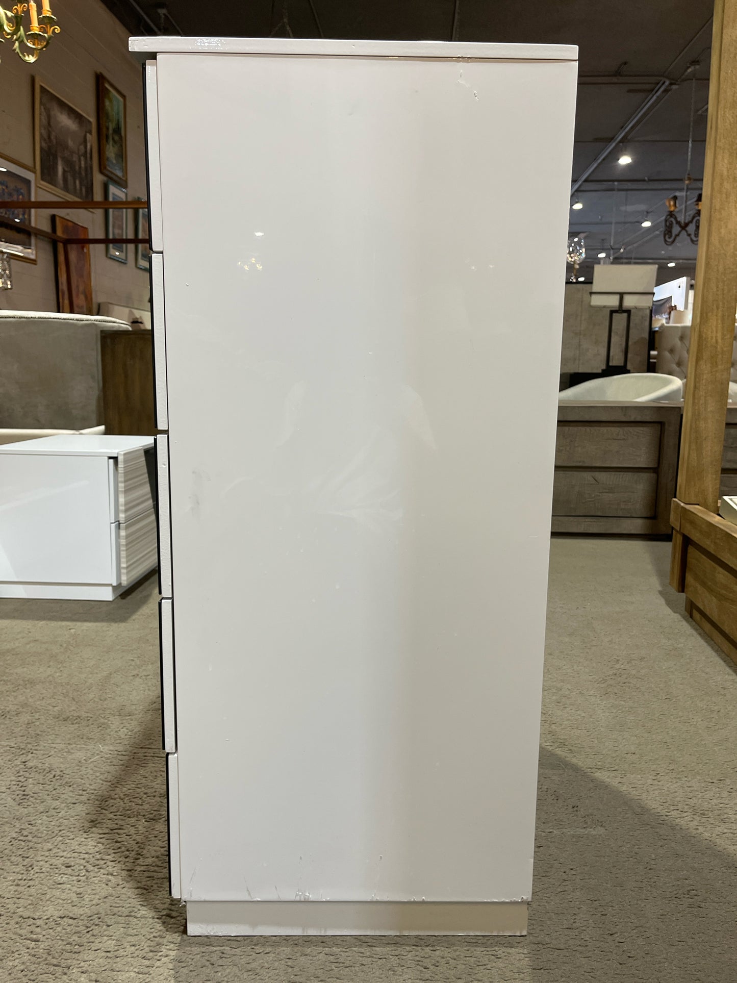 White Lacquered Wood & Smoke Mirror 6 Drawer Highboy Dresser