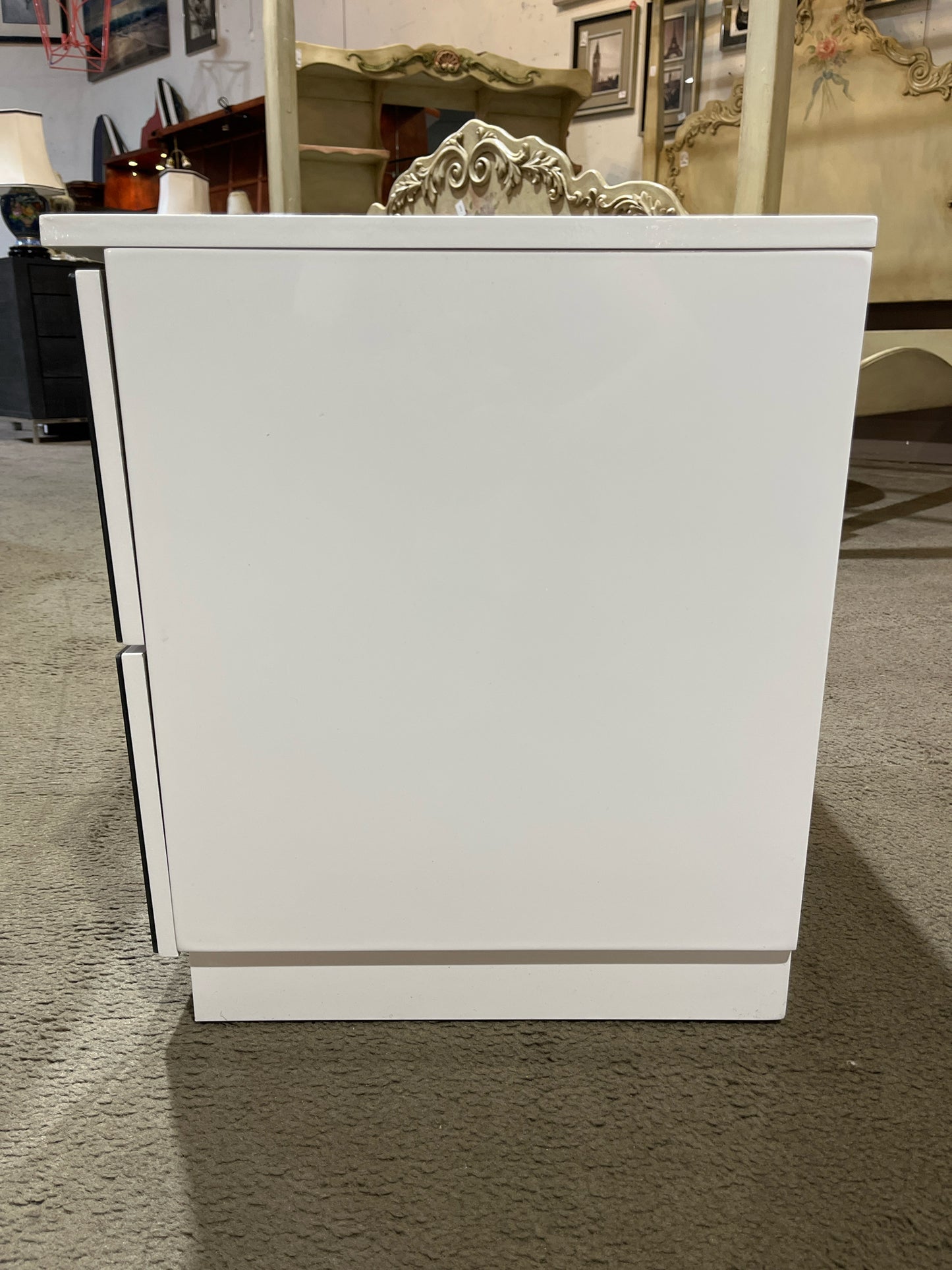 White Lacquered Wood & Smoke Mirror 2 Drawer Nightstand