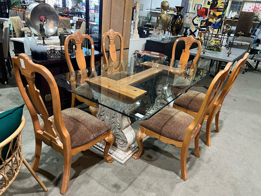 Thomasville Stone Base Dining Table & 6 Cheetah Print Fabric Chairs