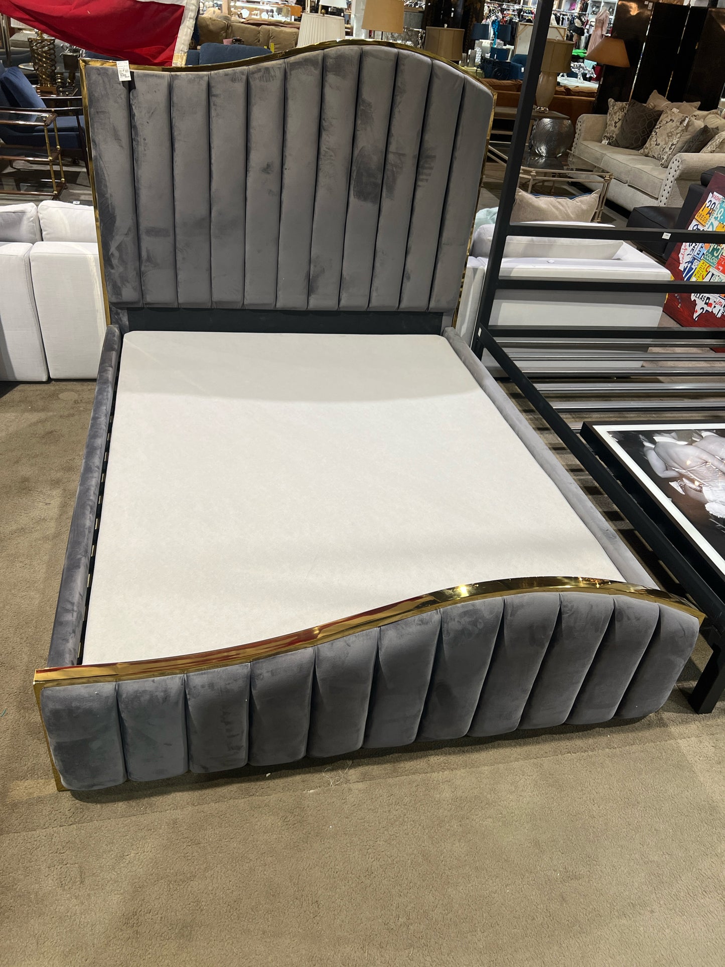 Queen Size Grey Velvet Channel Tufted Bed