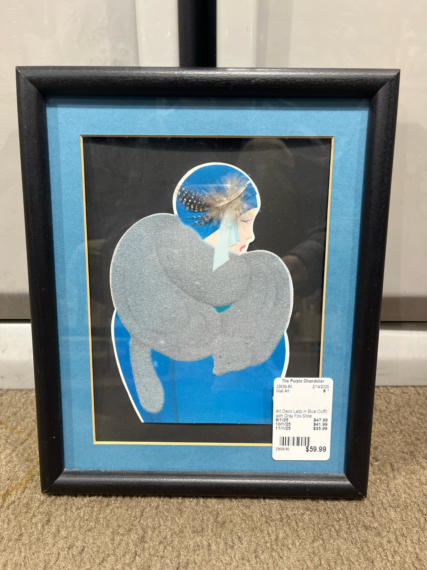 Art Deco Lady in Blue Outfit with Gray Fox Stole Wall Art