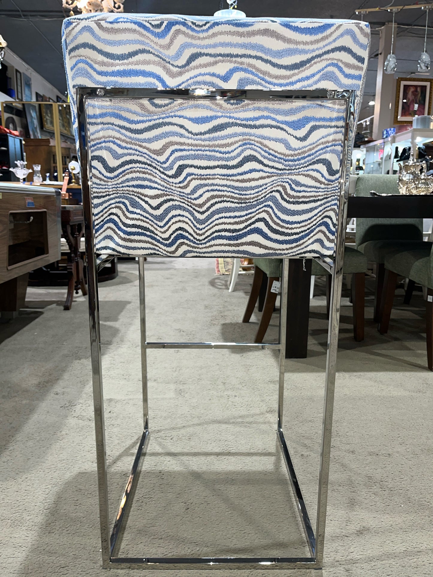 Milo Baughman Blue Wave Fabric & Chrome Frame Bar Stool
