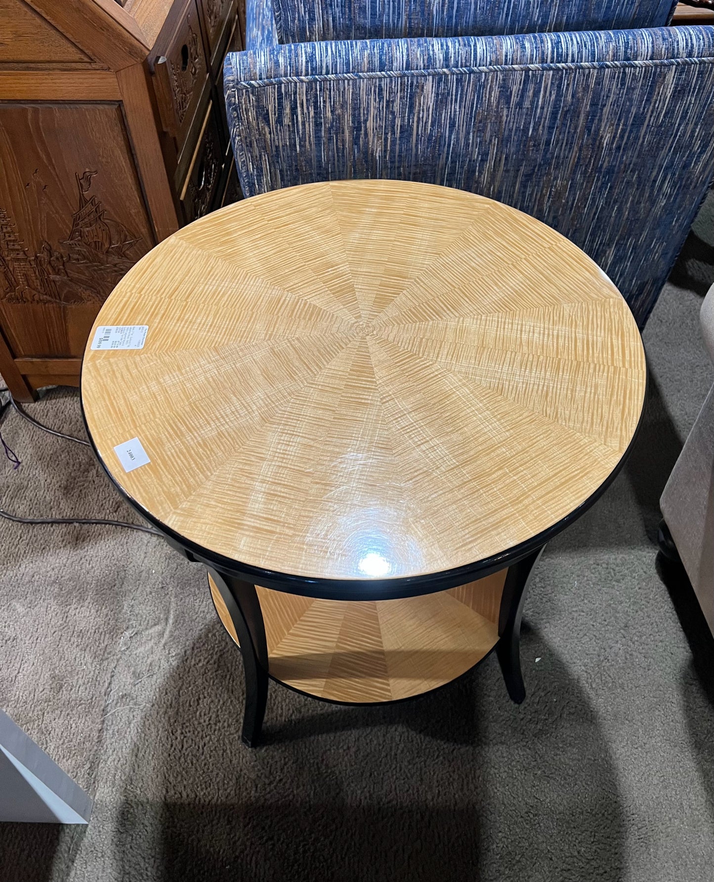 1990's 2 Teir Black Laquered Wood & Sunburst Top Side Table