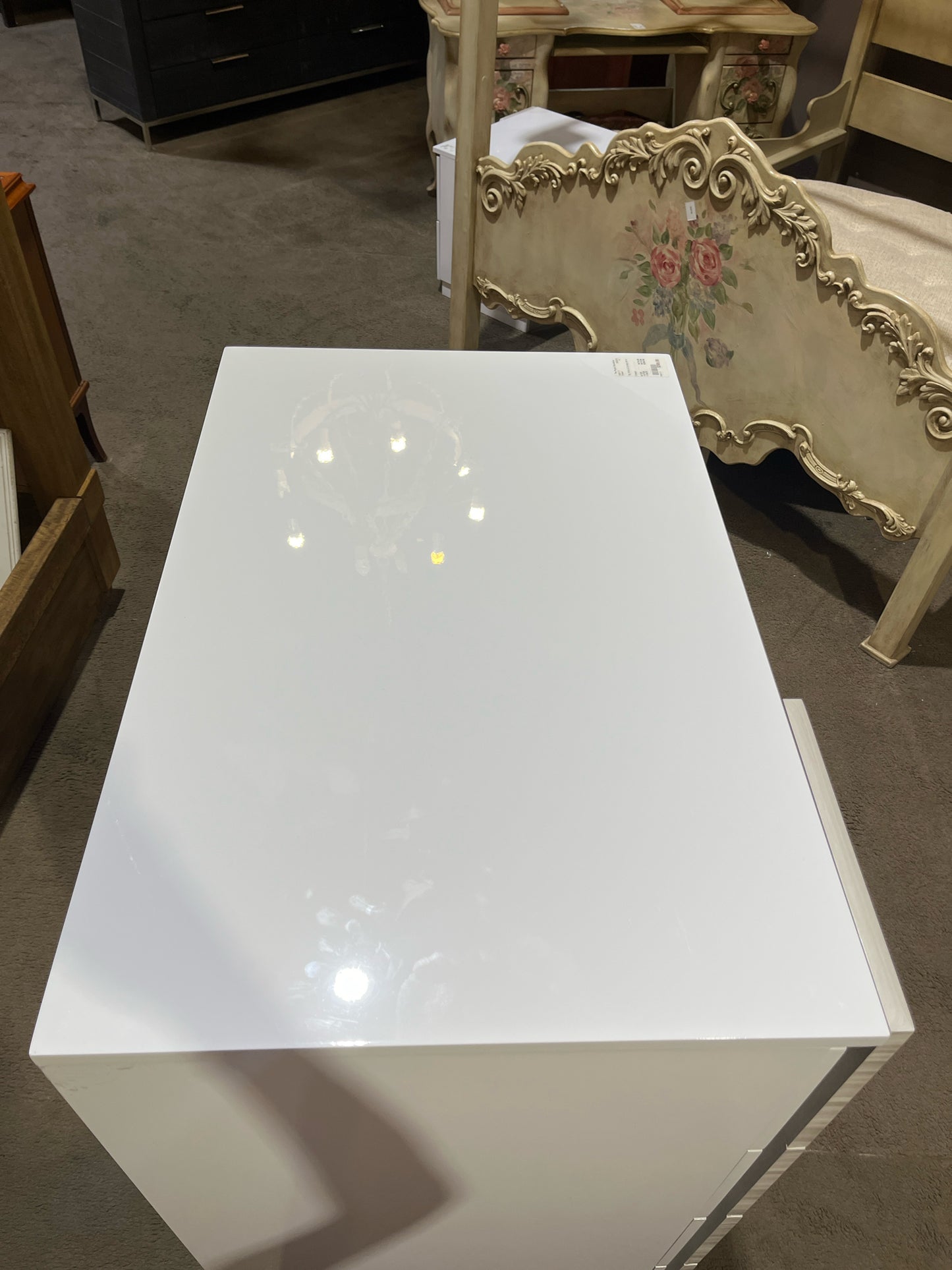 White Lacquered Wood & Smoke Mirror 6 Drawer Highboy Dresser