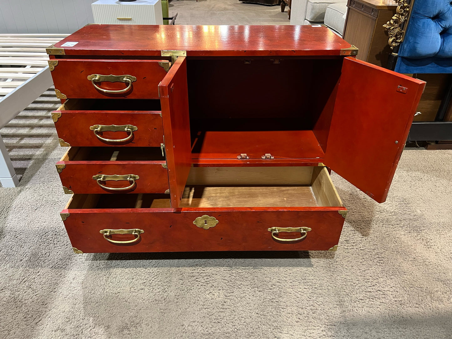 Century 4 Drawer 2 Door Red Wood Campaign Chest