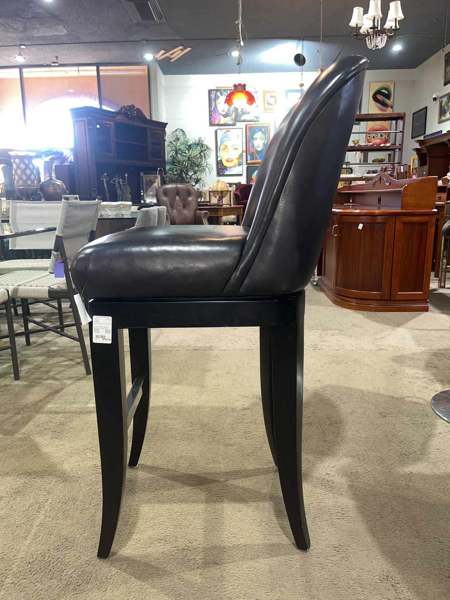 A. Rudin Black Leather & Wood Frame Bar Stool
