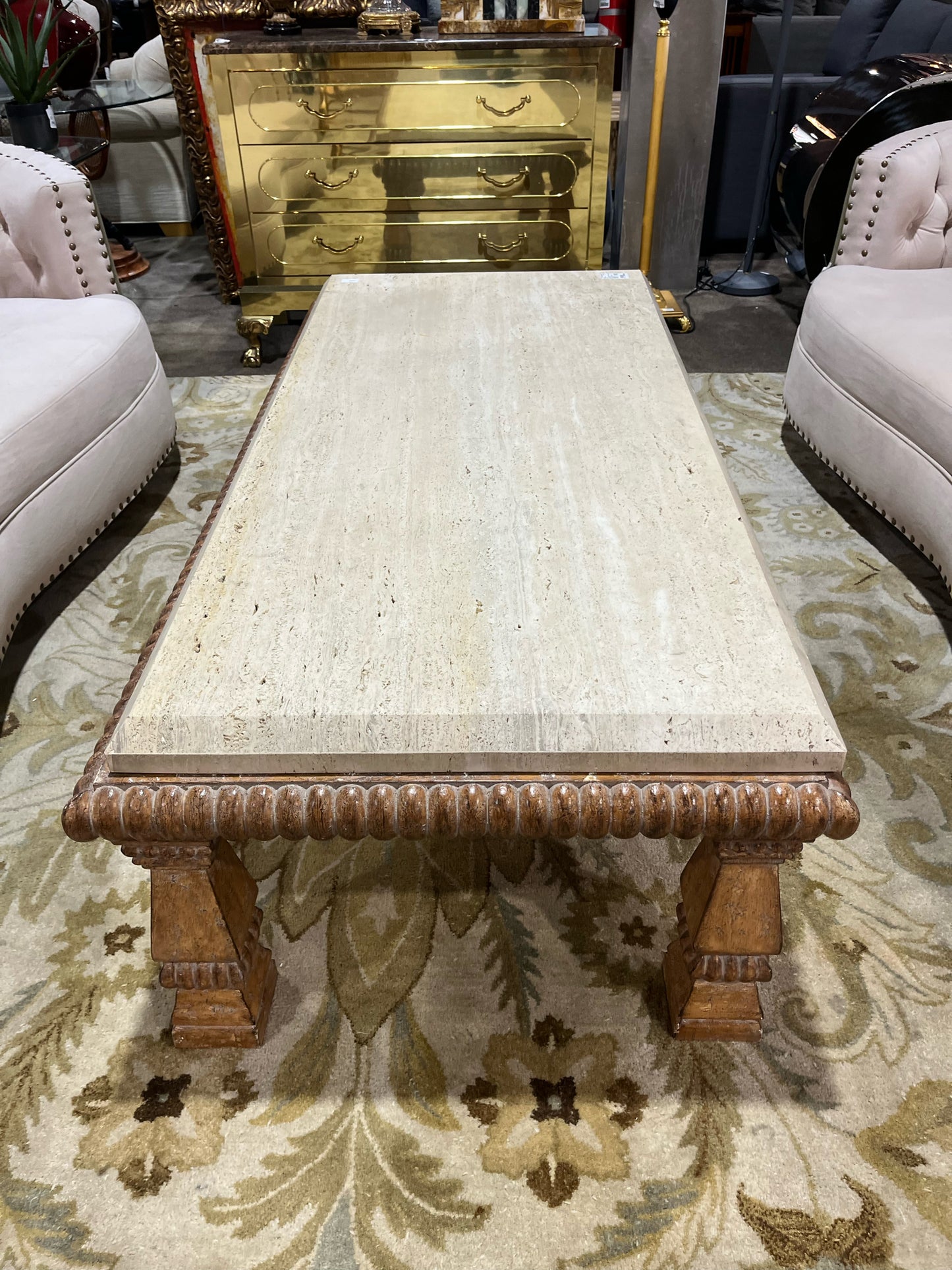Kreiss Tan Travertine Top & Carved Wood Frame Coffee Table