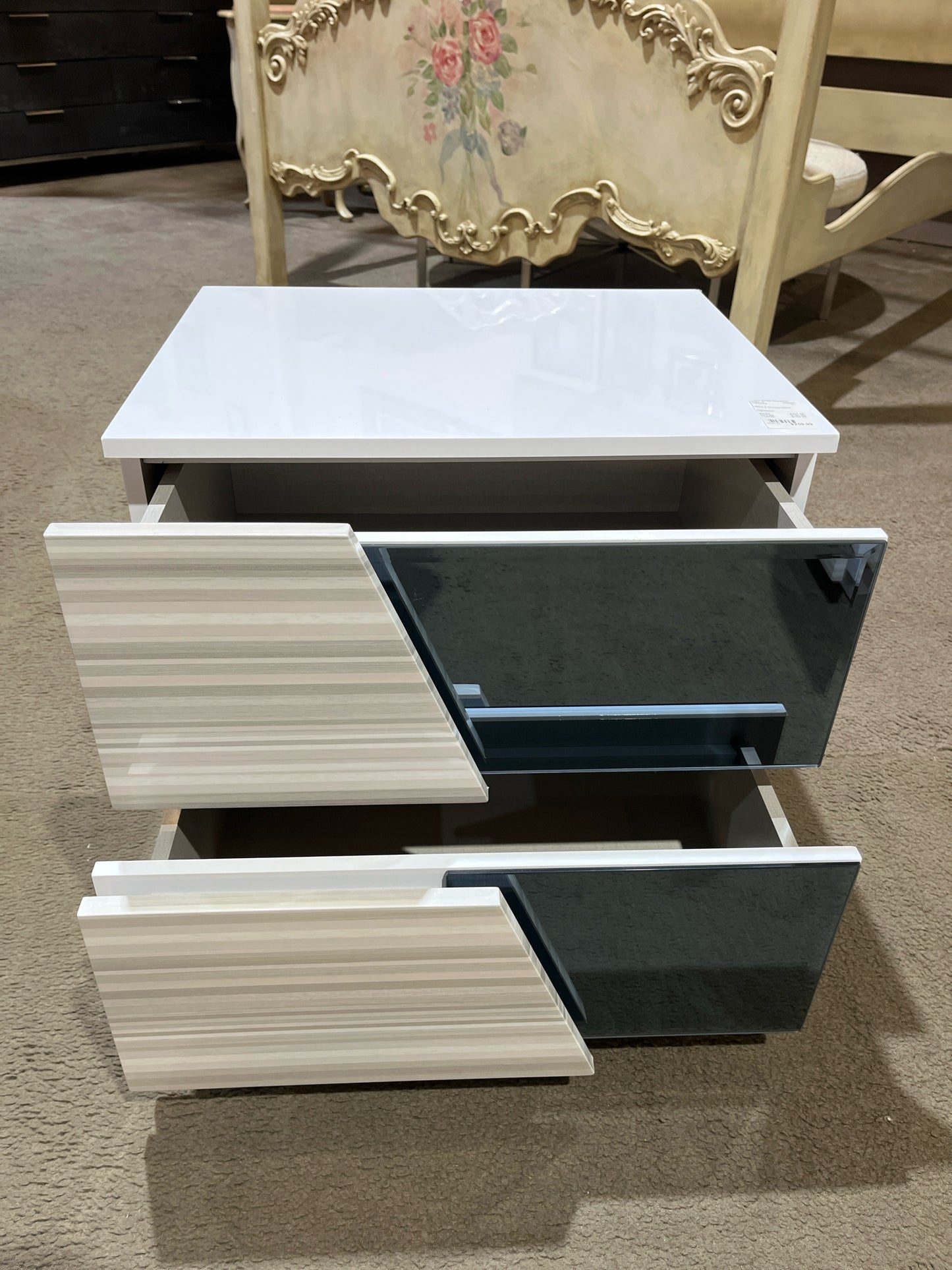 White Lacquered Wood & Smoke Mirror 2 Drawer Nightstand