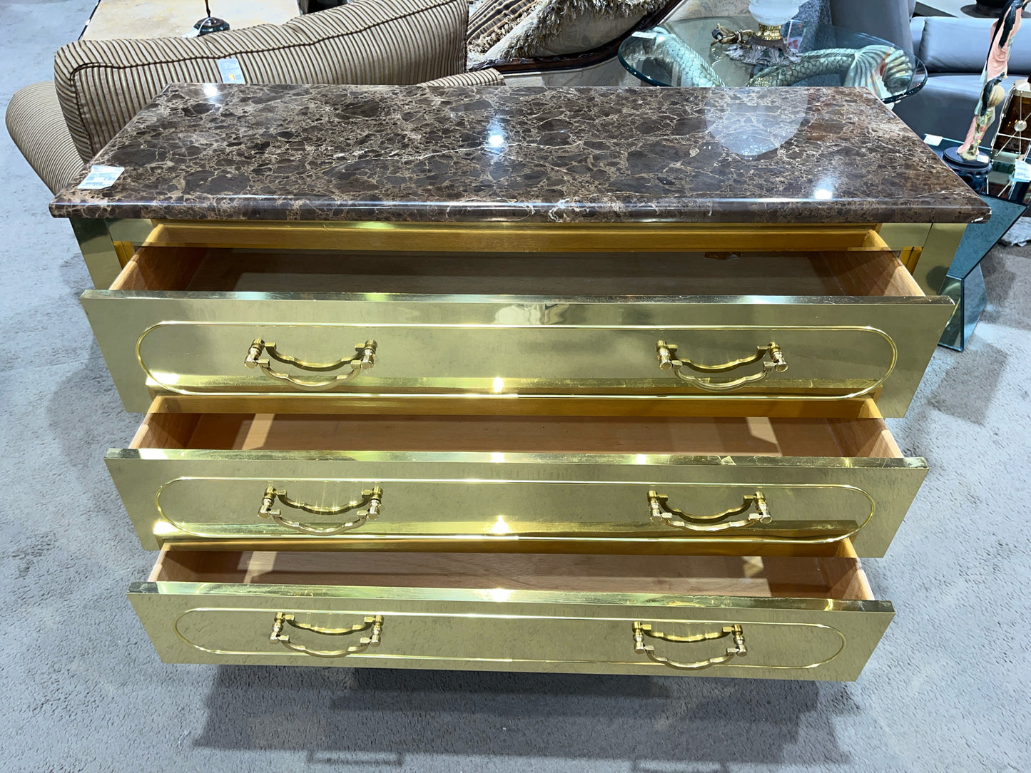 Gold 3 Drawer Hollywood Regency Nightstand with Marble Top