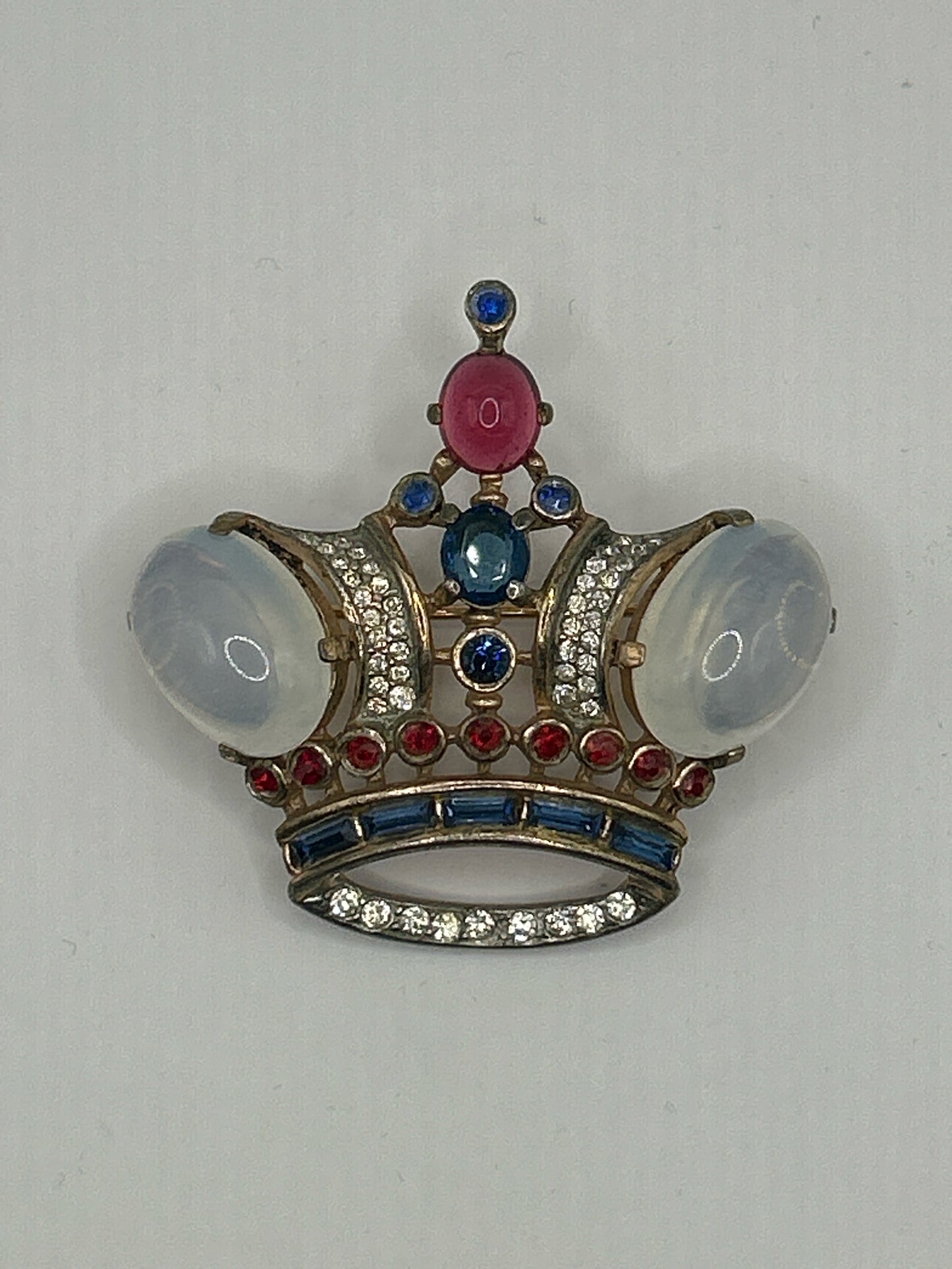 Trifari Crown Brooch with Faux Ruby Sapphire Moonstone
