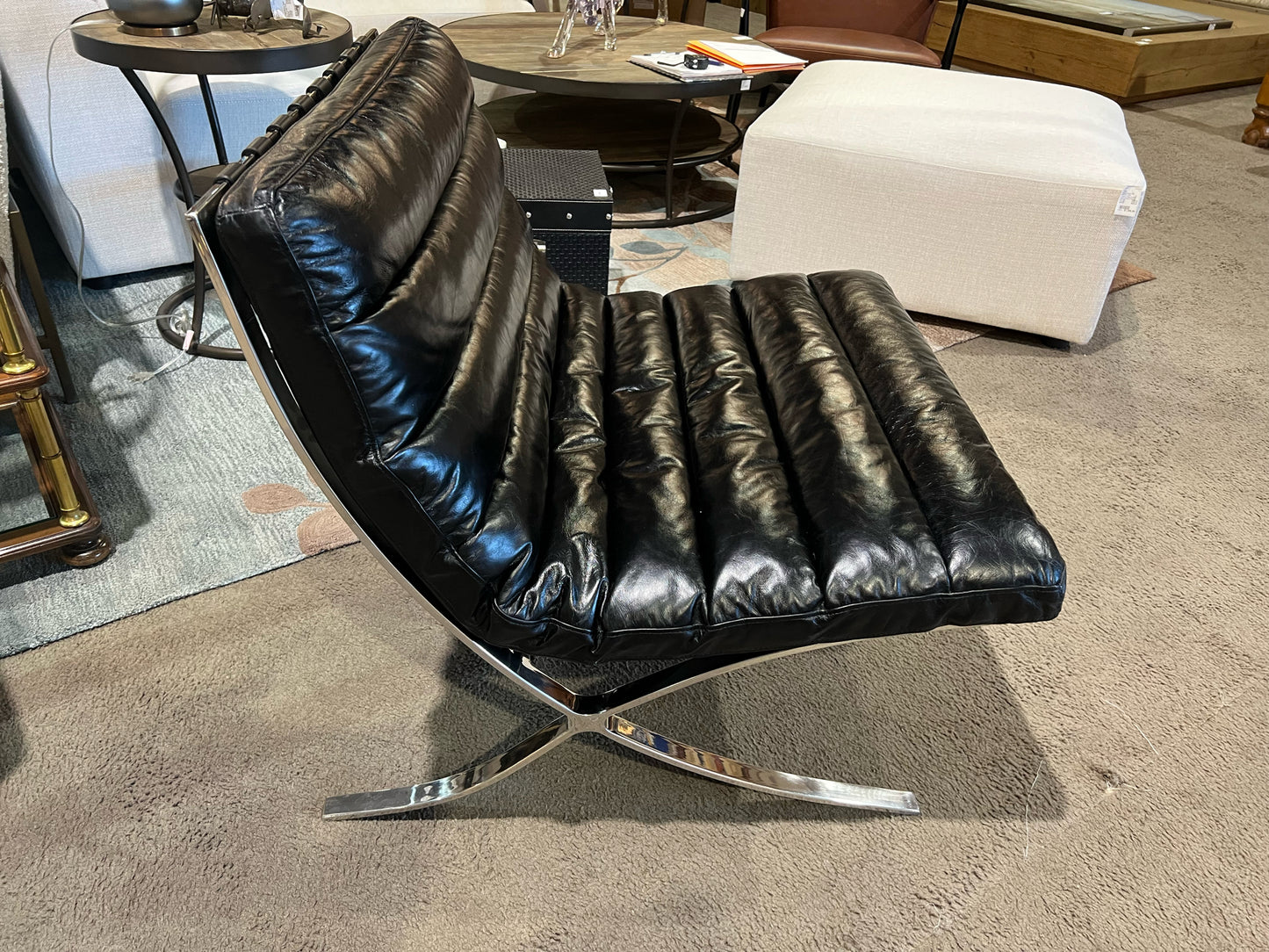 Black Leather & Stainless Steel Barcelona Style Chair