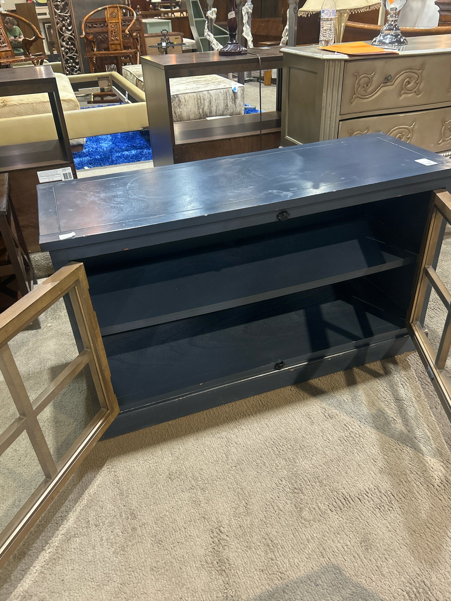 Blue &amp; Brown Industrial Credenza W/Glass Doors