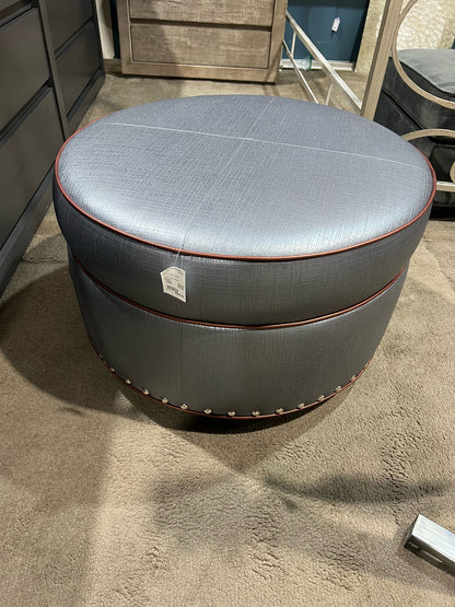 Round Gray Leather Ottoman